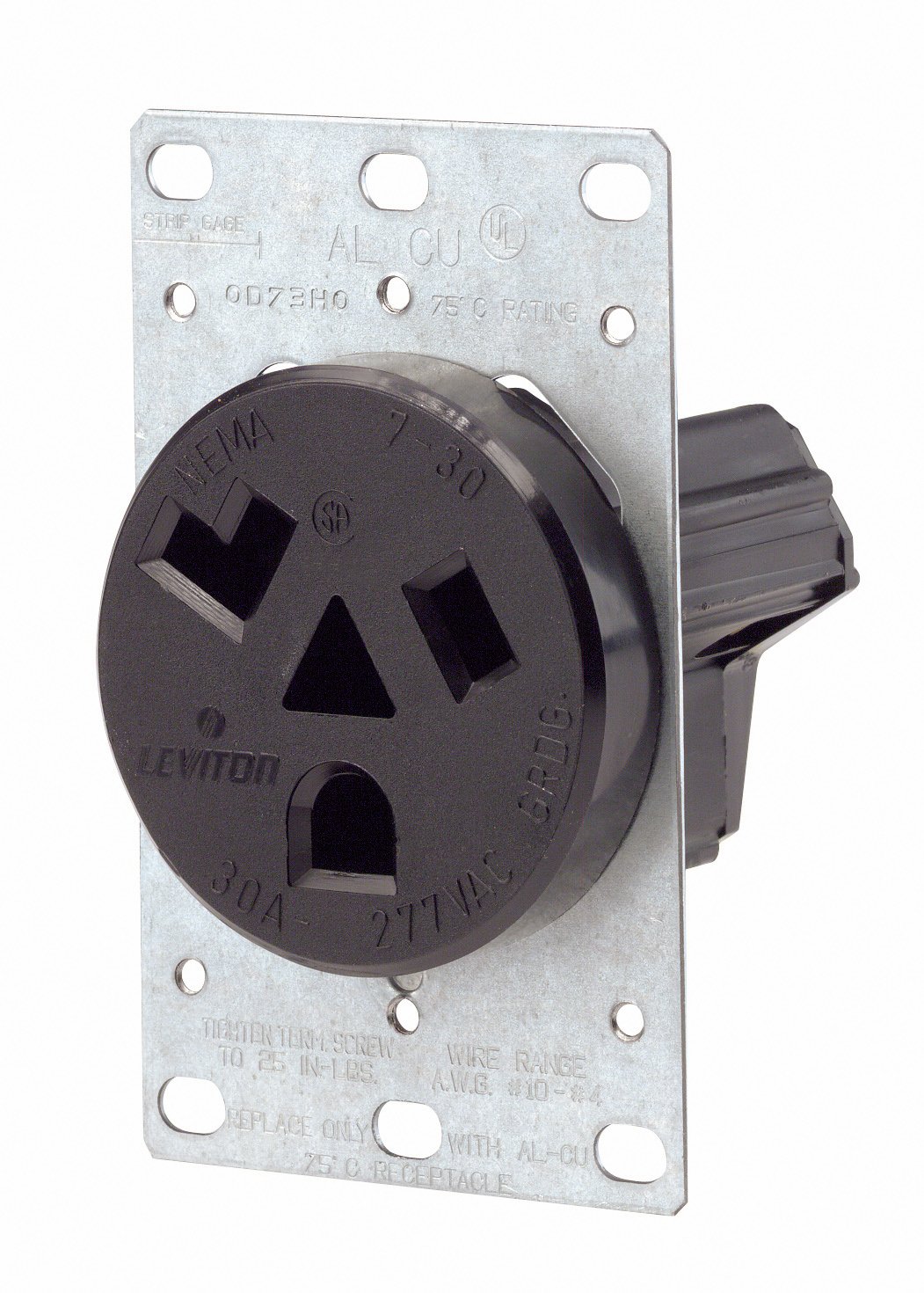 Leviton 9730-A 30 Amp, 277 Volt, Flush Mounting Receptacle, Straight Blade, Industrial Grade, Grounding, Black