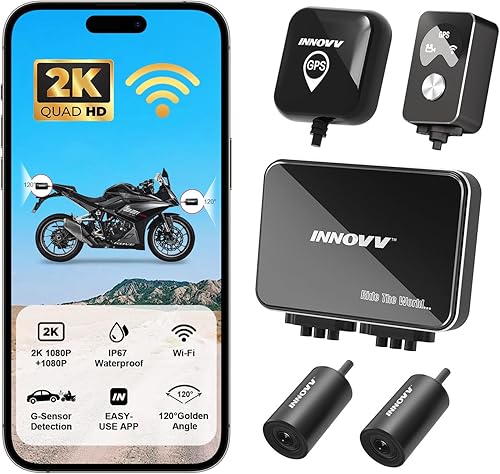 INNOVV K7 - Cámara de salpicadero para motocicleta, 2K + 2K cámara delantera y trasera con EIS antivibración, cámara de salpicadero de motocicleta