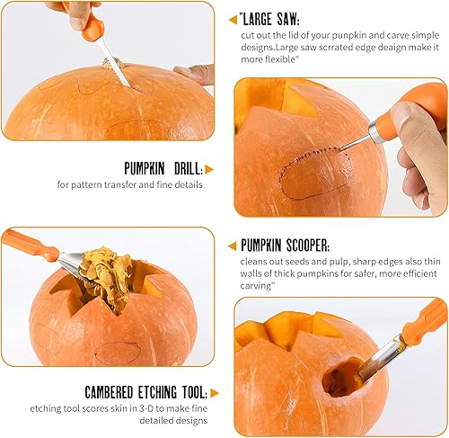Miniatura 5 de kuaima Juego de herramientas para tallar calabazas de Halloween, kit de tallado de calabaza, cuchillo profesional de acero inoxidable, herramientas