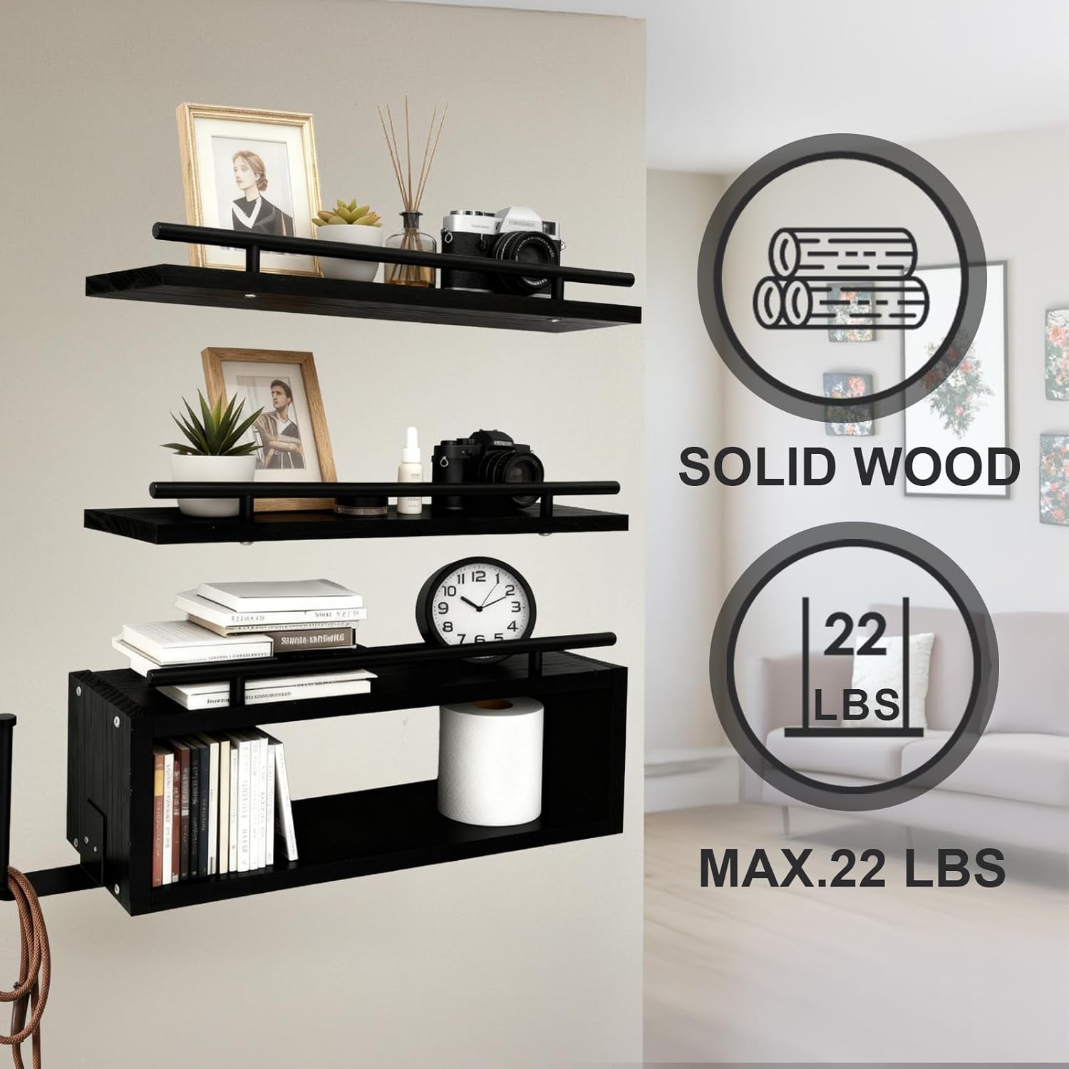 OurWarm Wood Floating Shelves for Wall Set of 3, Black Bathroom Shelves Over Toilet Organizer with Paper Towel Holder, Black Wall Shelves for Bedroom Kitchen Living Room Decor