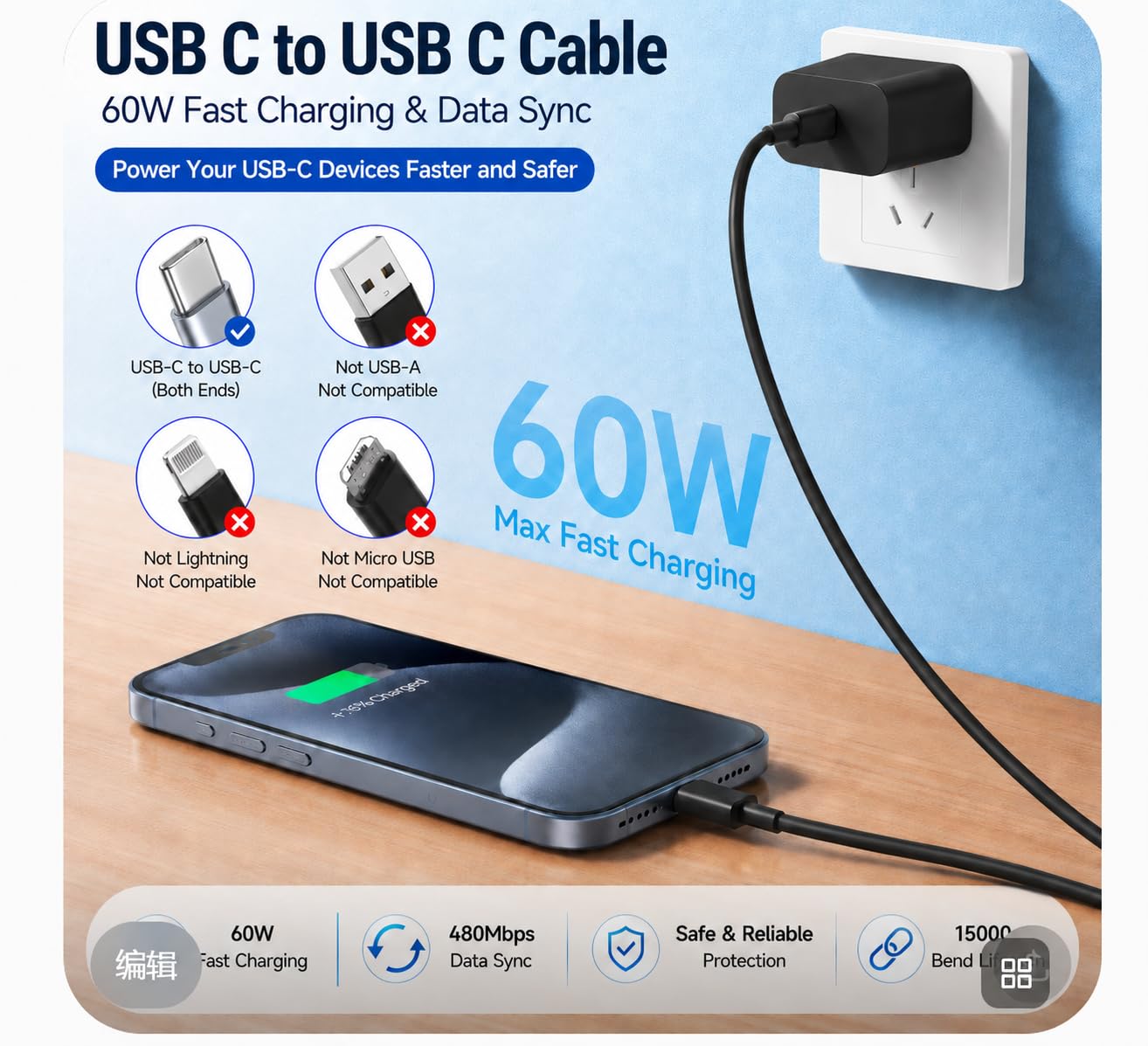 Cavo da USB C a USB C da 60 W, confezione da 3 m, cavo di ricarica rapida per iPhone 17/16/15, Samsung Galaxy S26/S25/S24, MacBook Air/Pro, iPad Pro, resistente cavo di ricarica USB-C con PD 3.0 e