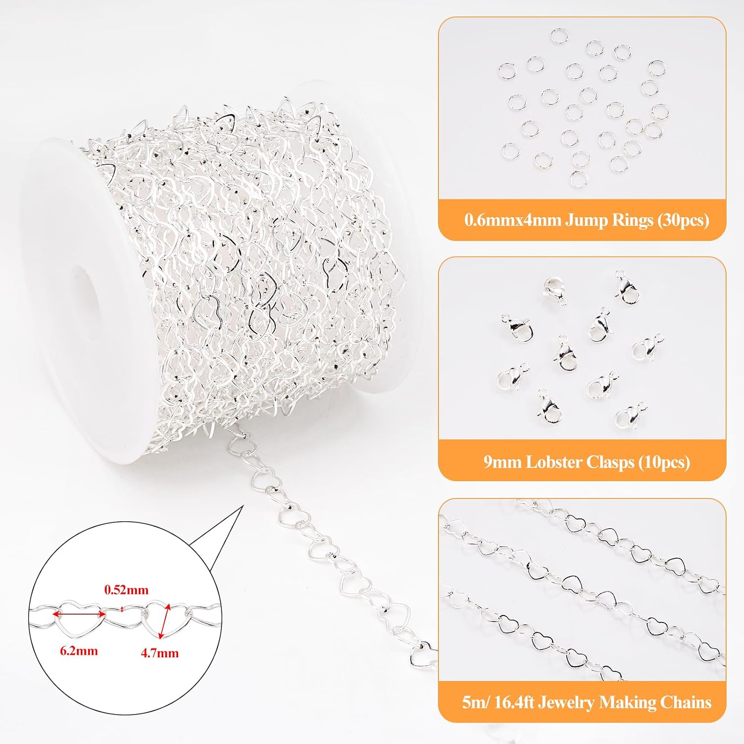 YOUBEIYEE 5 Meters Stainless Steel Silver Chains for Jewelry Making Heart Chain Bulk Decorative Craft Chain Roll