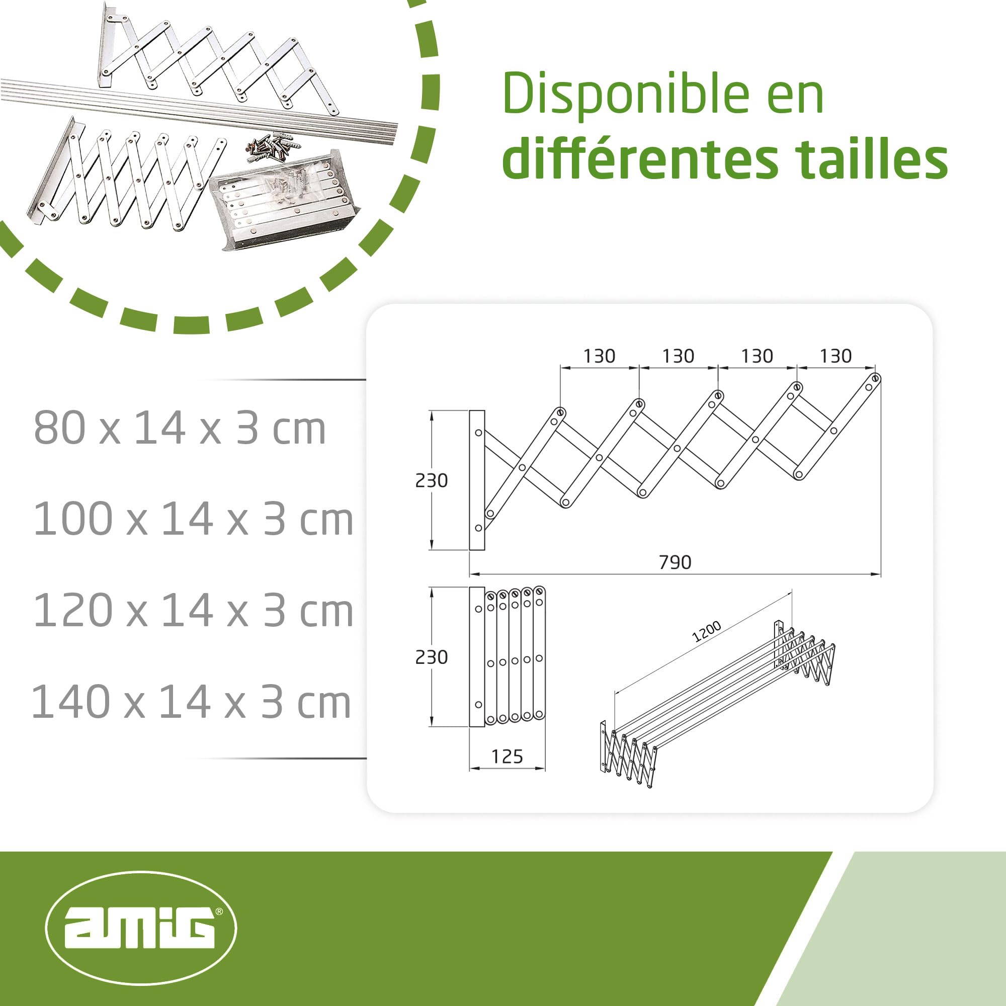 Amig - Étendoir Extensible Mural Niza | Fabriqué en Aluminium de Haute résistance | Finition Inoxydable | Dimensions : 120x14x3cm | Étendoir à Linge Pliable | Étendoir extérieur