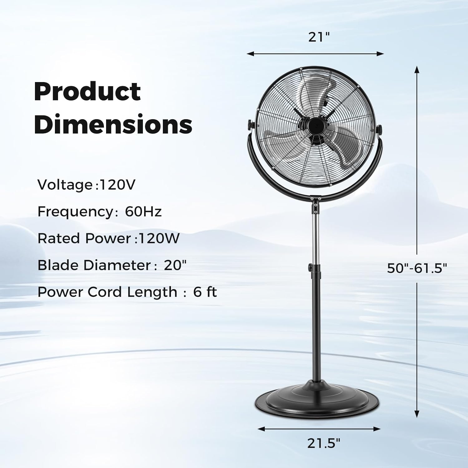 Diagram showing the dimensions of the COSTWAY 20-inch High Velocity Industrial Pedestal Fan, including voltage, frequency, rated power, blade diameter, and power cord length.