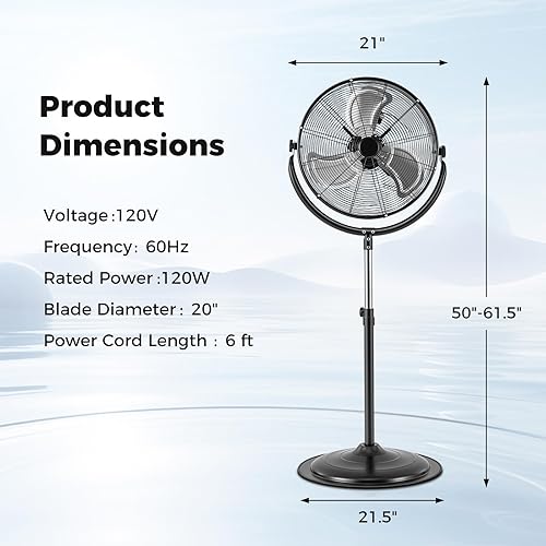 Miniatura 4 de COSTWAY Ventilador de pedestal industrial de alta velocidad de 20 pulgadas, ventilador de pie comercial resistente con 3 velocidades, rotación de