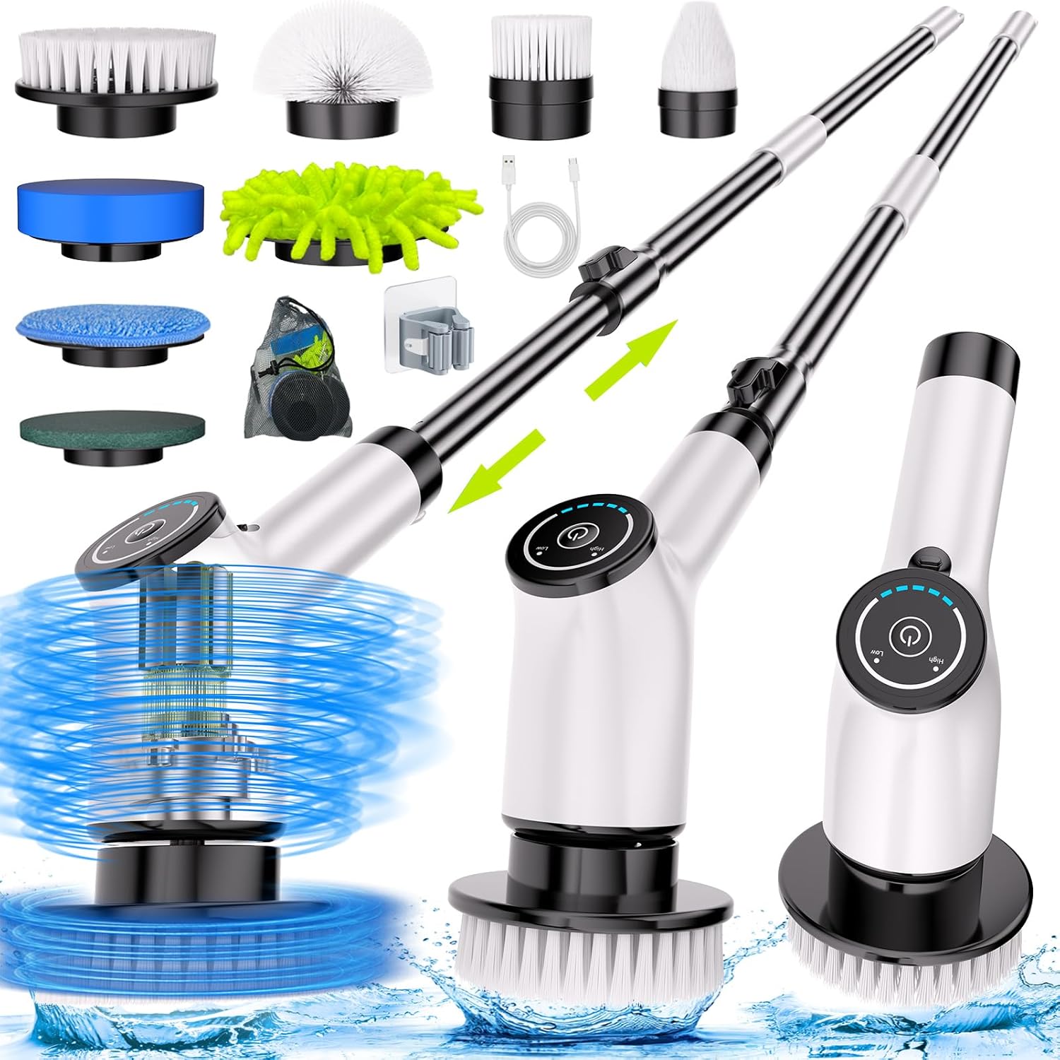 Limpiador eléctrico giratorio, cepillo de limpieza inalámbrico con 8 cabezales de cepillo reemplazables y mango de extensión ajustable, limpiador de