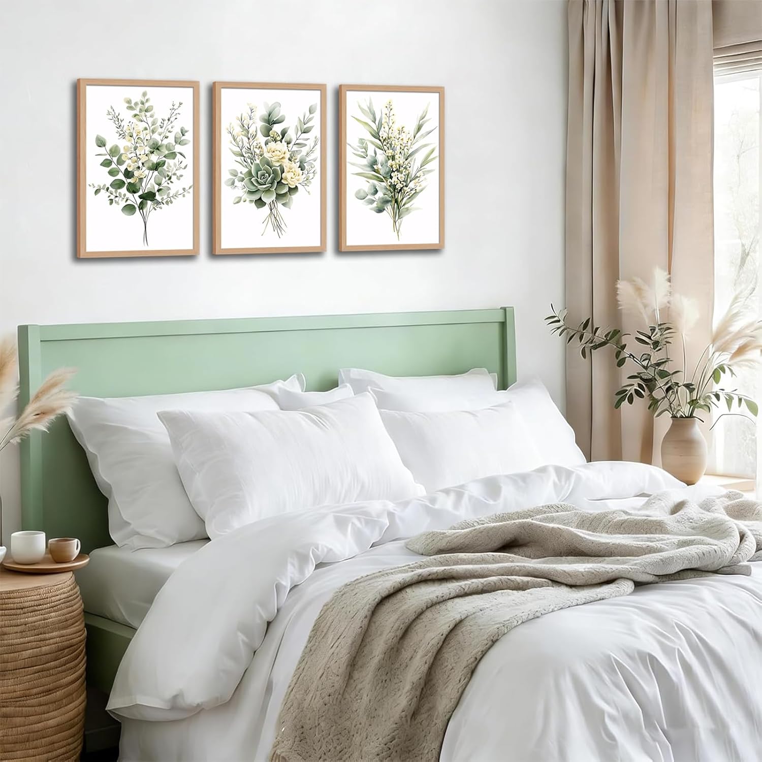 3Pcs Framed Vintage Botanical Wall Art Plant Floral Watercolor Canvas Prints Sage Green Painting Eucalyptus Leaf Picture Modern Minimalist Boho Bedroom Bathroom Living Room Ready to Hang 16x24in