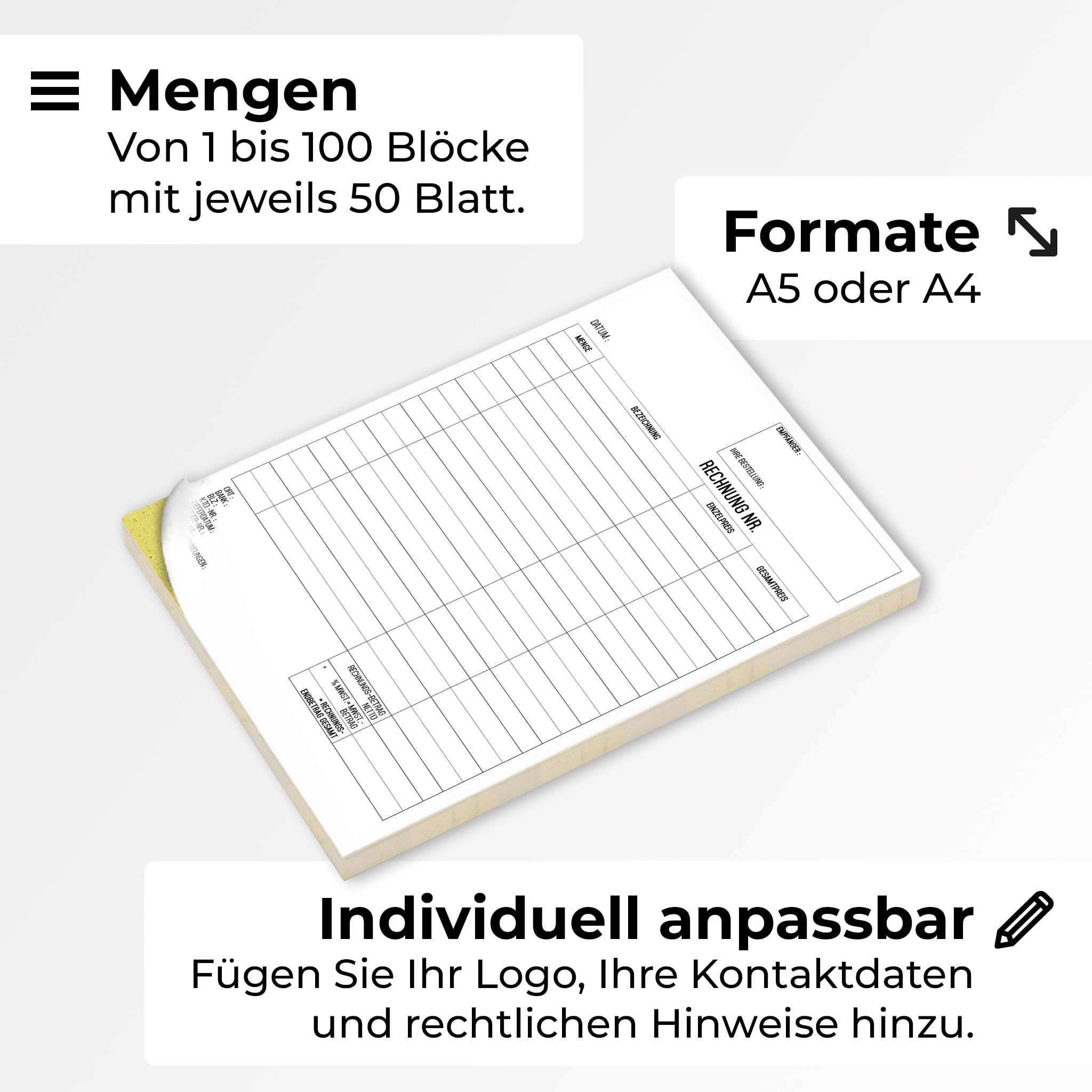 >Personalisierte< Rechnung selbstdurchschreibend mit farbigem Durchschlag, mit Netto- und Bruttobetrag, MwSt. uvm.n weiß/gelb, 50 Blatt - UTTSCHEID (Personalisierte, 5)