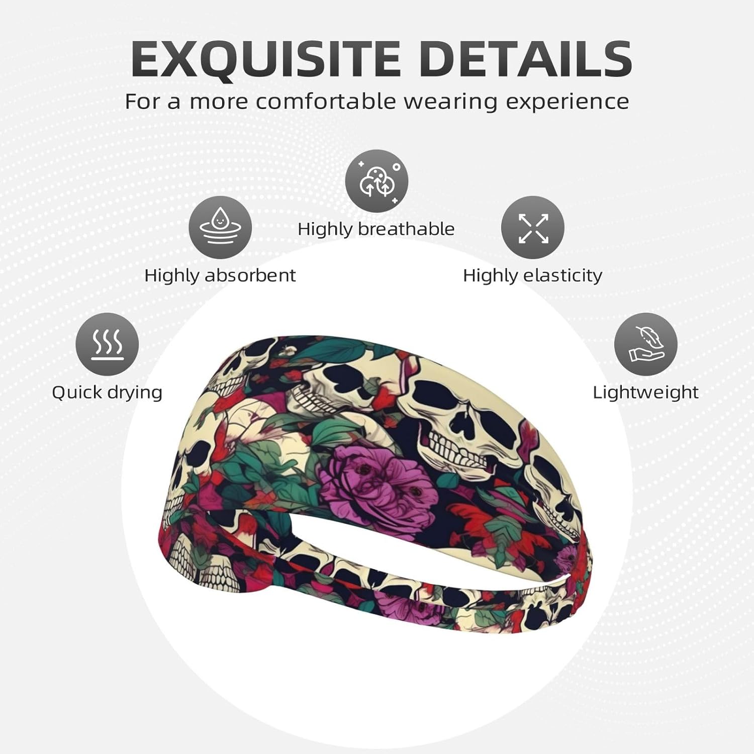 Floral Skulls Print Wide-Brimmed Fashionable Elastic Exercise Headband for Running and Workouts