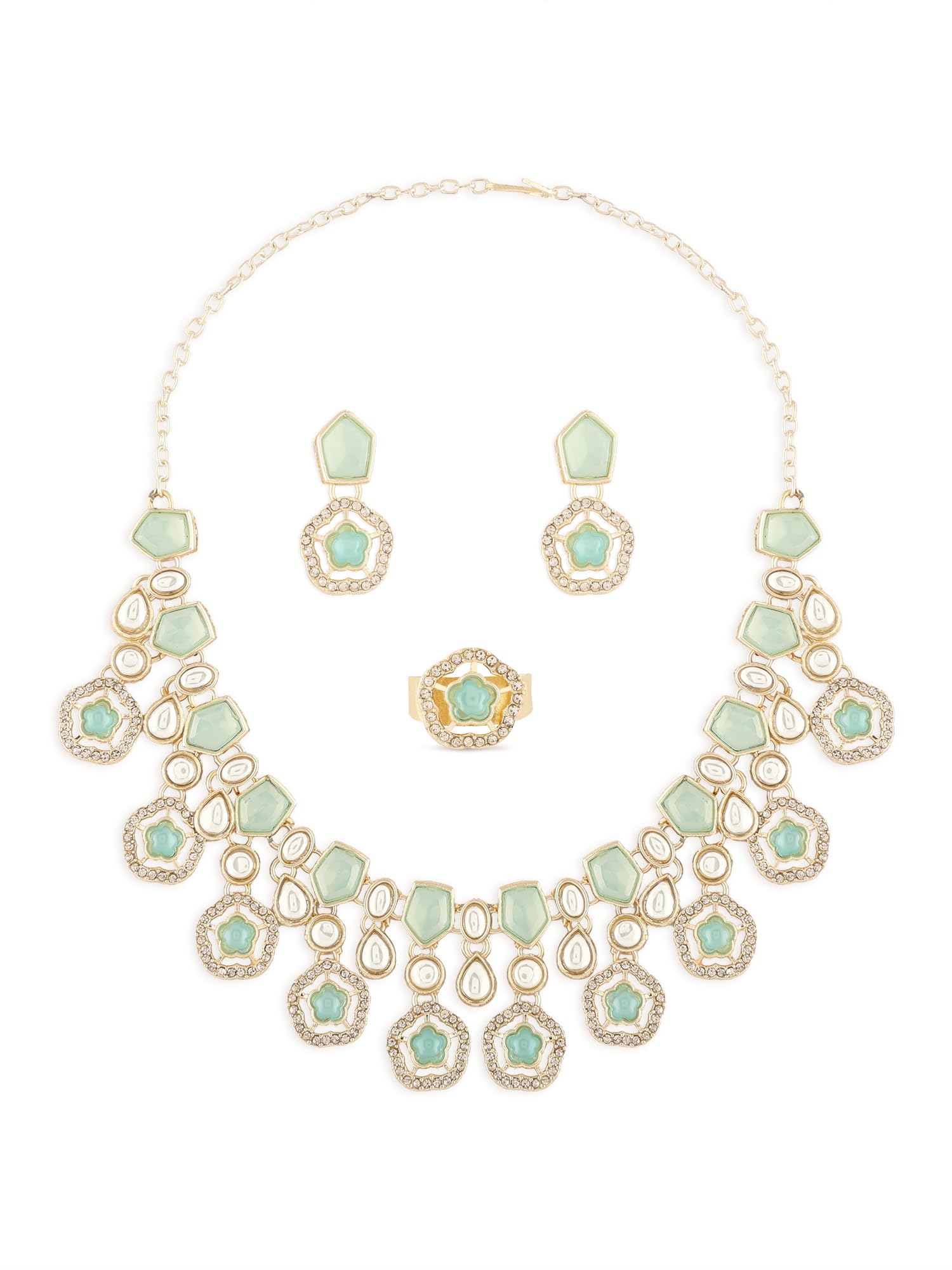 ZAVERI PEARLS Mint Green Kundan Austrian Diamonds & Artificial Stones Embellished Necklace Earring & Ring Set For Women-ZPFK17098 (B0CPXVZB44) Amazon Price History, Amazon Price Tracker