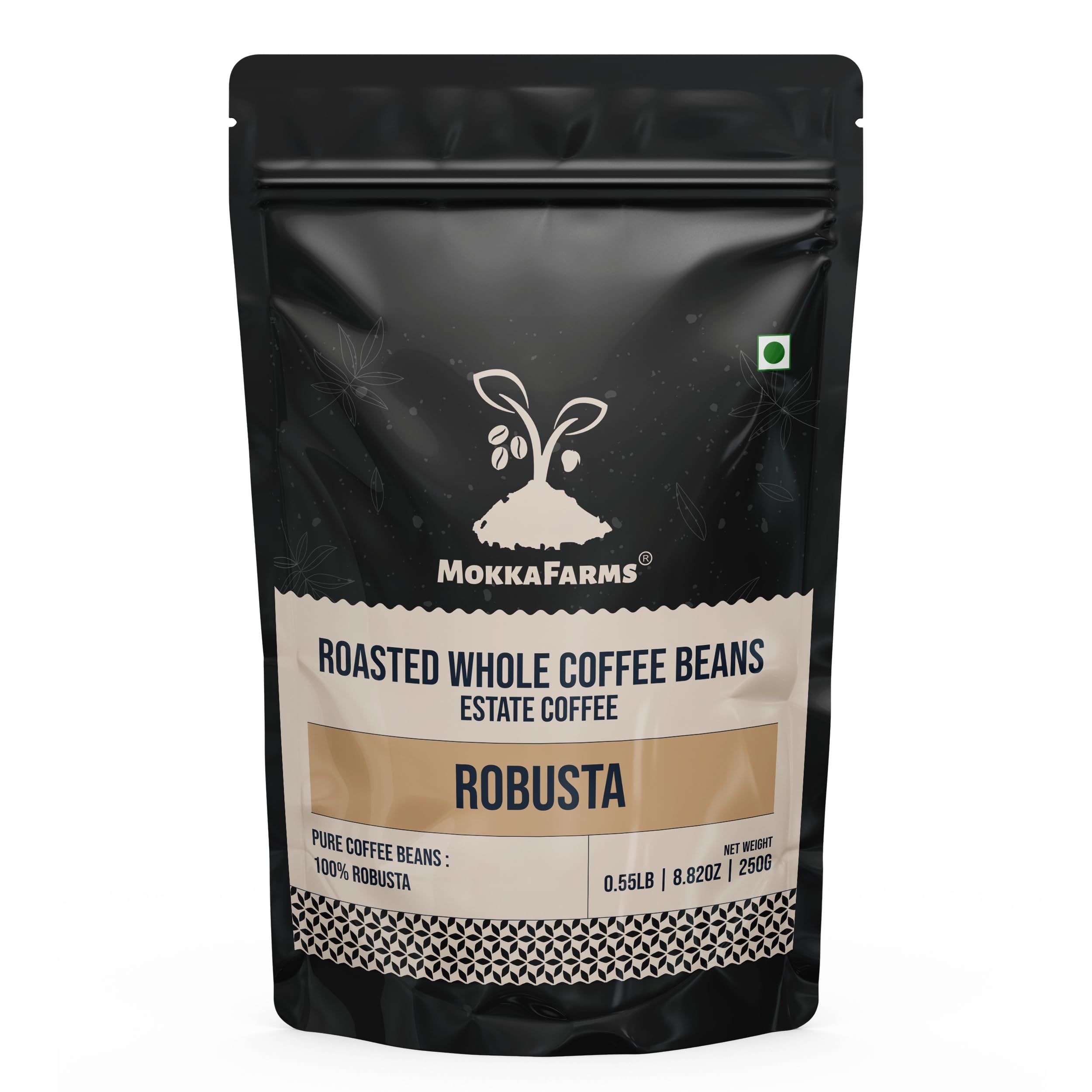 MOKKAFARMSRoasted Whole Coffee Beans 250g - 100% Robusta, Light-Medium Roast, Fresh Estate Coffee, Superior Graded Bean, Strong, Rich, Flavour, Aroma, One Way Valve Zip-Lock Bag