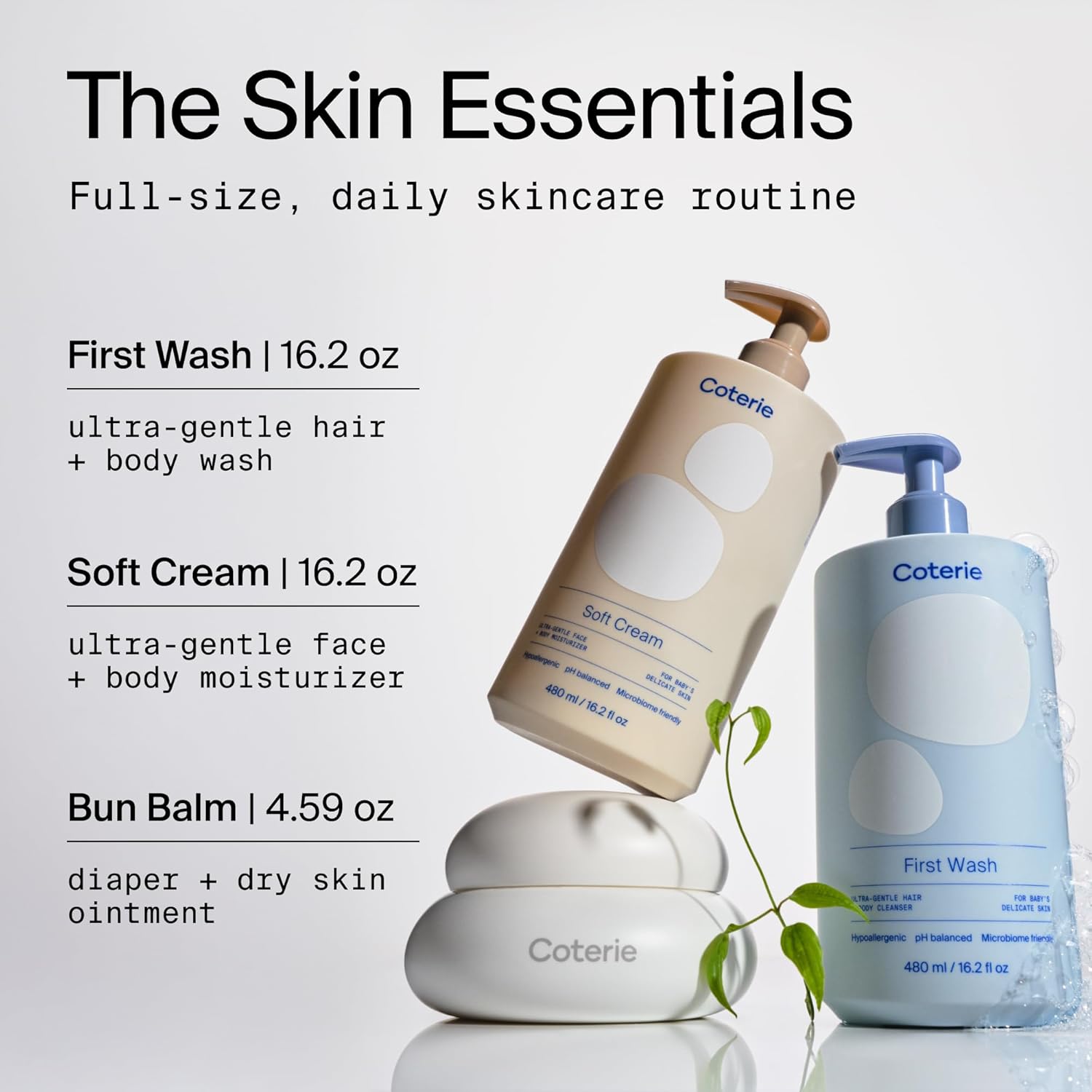 Coterie Diapers + Skin Essentials Kit | Newborn Diapers (93 Count) + 16.2 oz Shampoo & Body Wash, 16.2 oz. Face & Body Lotion, 4.7 oz Diaper & Dry Skin Balm | Hypoallergenic, Safe for Sensitive Skin