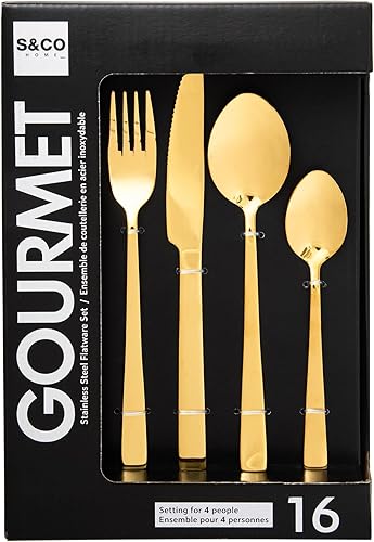 Miniatura 2 de Safdie & Co. Cubiertos de acero inoxidable para 4, incluye cuchillo, tenedorcuchara, juego de 16 piezas, pulido dorado