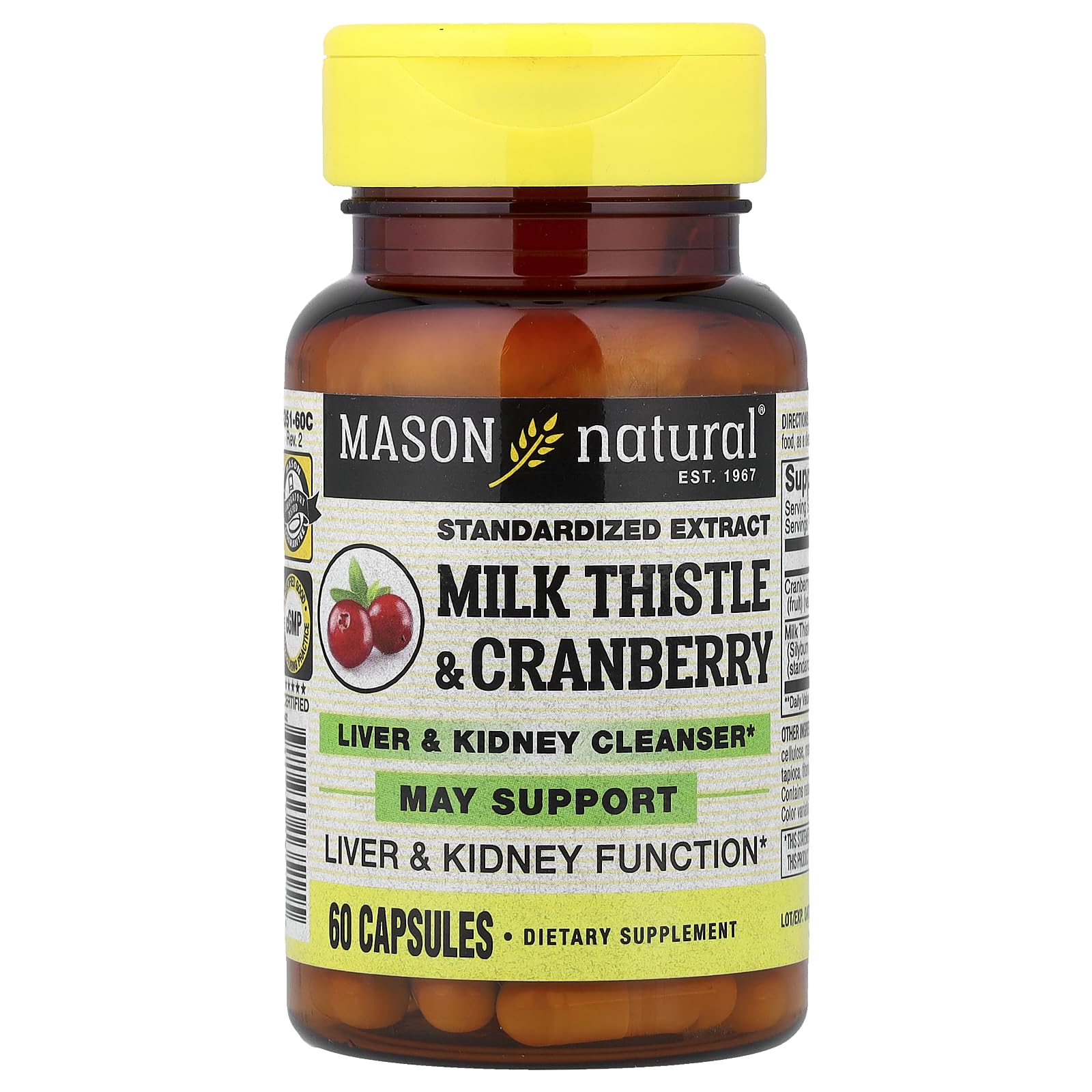 Mason Vitamins Milk Thistle/Cranberry Liver and Kidney Cleanser Capsules, 60 Count
