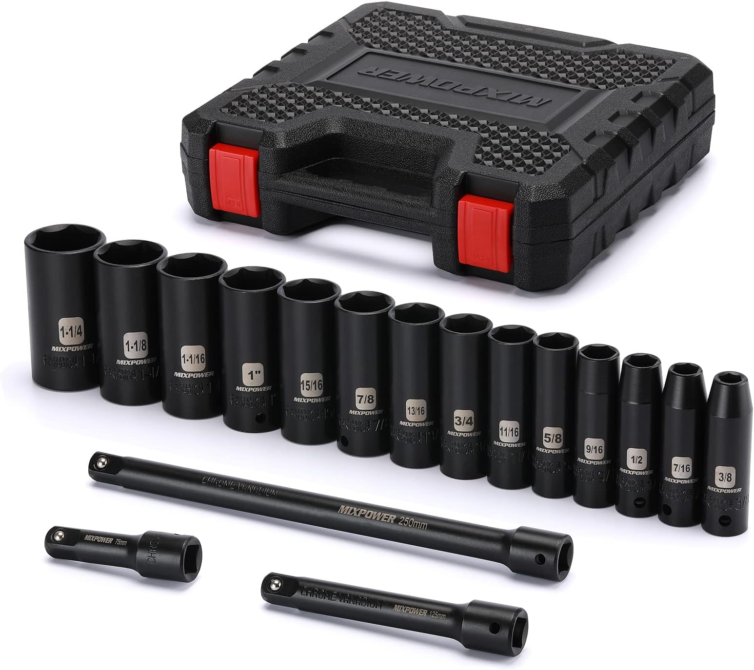 EPAuto 1/2Inch Drive SAE Deep Impact Socket Set, CrV, 6 Points, 11