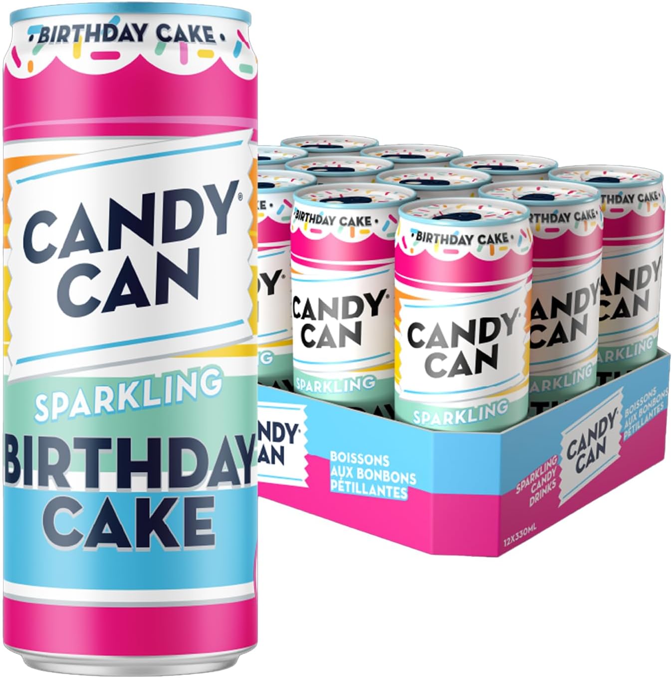 Birthday Cake Fizzy Drink, (12 x 330ml Cans), Low Calorie Sparkling Soda with Strawberry and Vanilla Birthday Cake Flavour, No Added Sugar, Vegan, Gluten Free