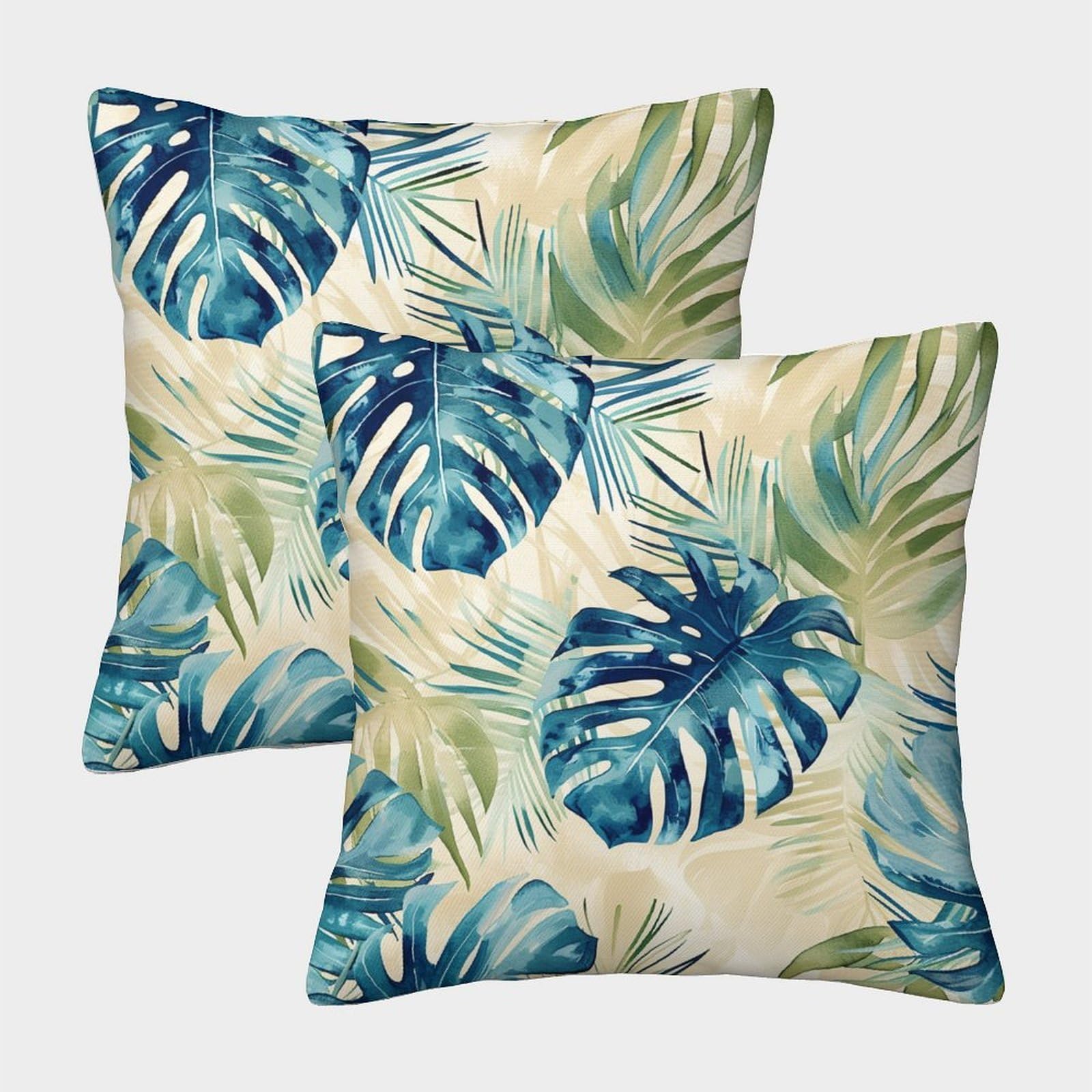 kaiyun 2 Pack Blue And Green Luxury Digital Printed Soft 3D Tropical Leaves Themed Square Cushion Cover 50x50cm