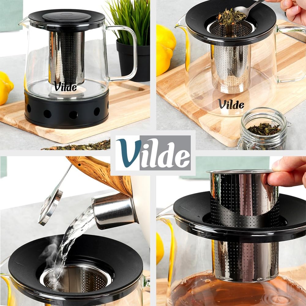 Teiera con colino da 1,5 l + scaldavivande + 6 bicchieri, 8 pezzi