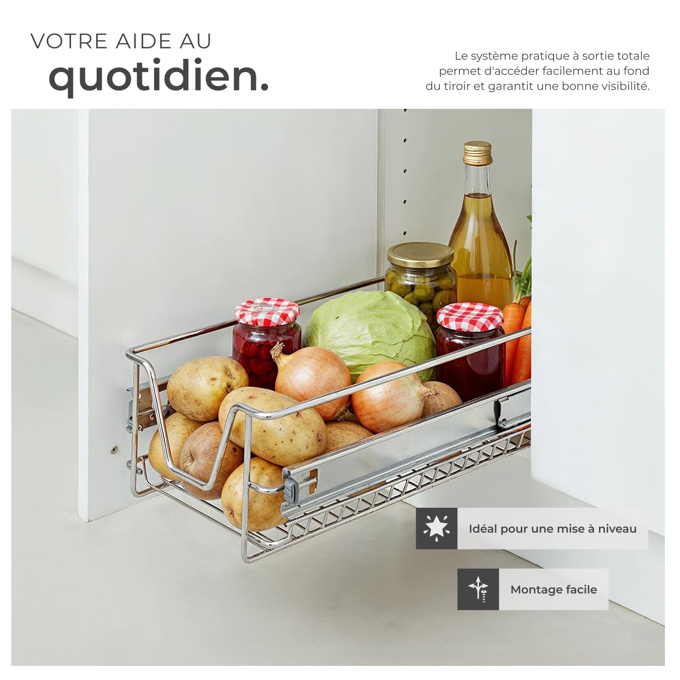tectake® Lot de 4 Tiroir coulissant Cuisine, 30 cm, Organisateur placard, Tiroirs/Paniers télescopiques en acier, Rangement Cuisine, Dressing, Chambre, Garde manger, Bureau, Rangement sous evier
