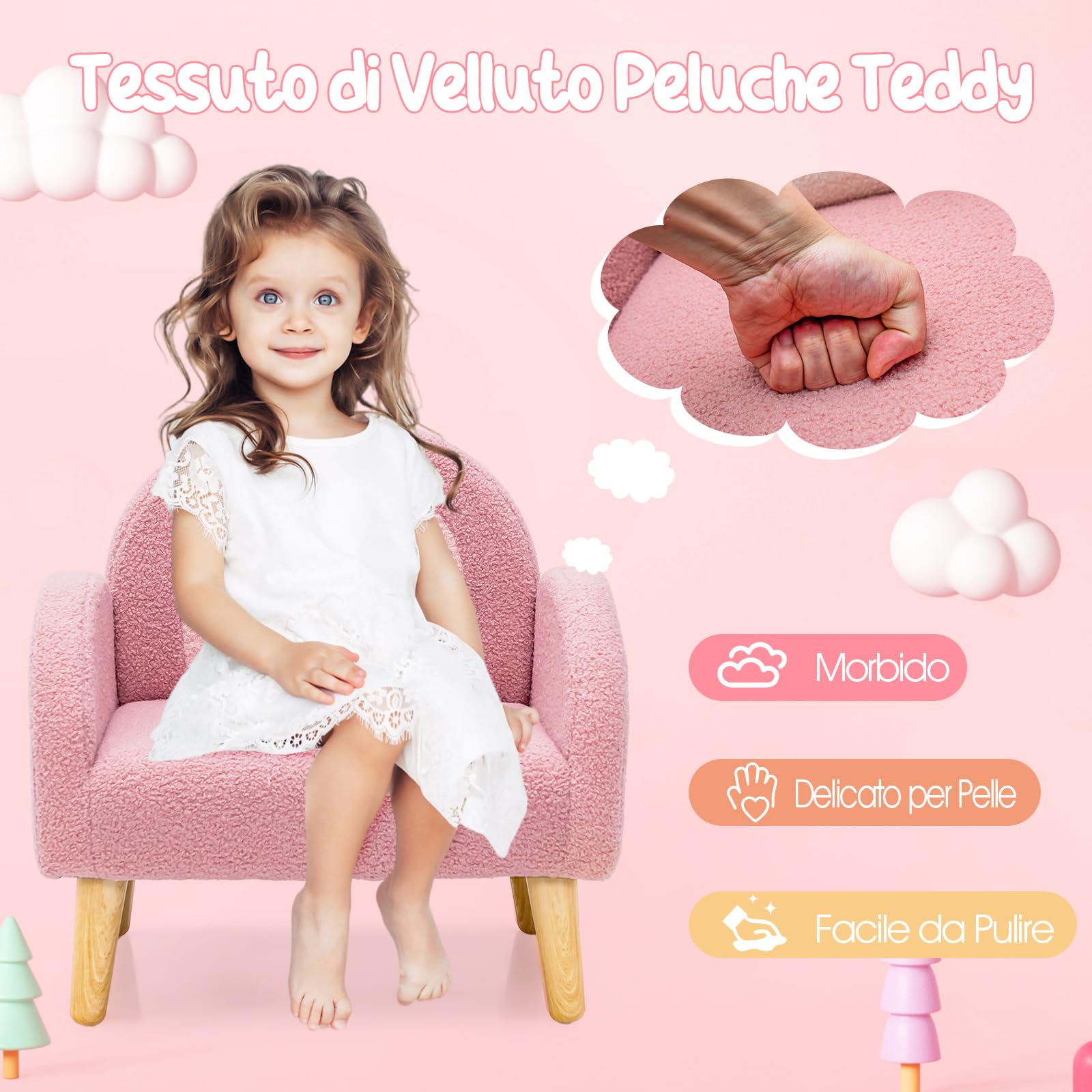 RELAX4LIFE Poltrona per Bambini, Divano per Bambini in Tessuto di Velluto con Imbottitura in Schiuma, Sedia per Bambini in Legno per Sala Giochi, Camera da Letto, Soggiorno (ROSA)