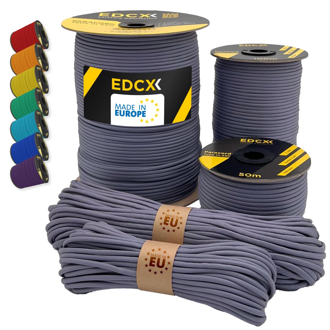 EdcX Paracord 4mm, 35+ Solid Colors (10m, 15m, 30m, 50m, 100m, 300m) | Ideal for Crafting, DIY, Camping, Survival, Outdoor | 100% Nylon Rope 4mm | Tactical Cord 550 Type III (Shark, 10 m)