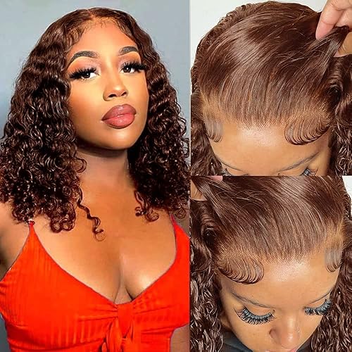 Brown Curly Lace Front Wigs Human Hair Brown Bob Deep Wave 180% Density Chocolate Colored 13X4 HD Lace Wigs Brazilian Curly Water Wave Lace Wig Human Hair for Black Women （12inch Bob Human Hair Wig）