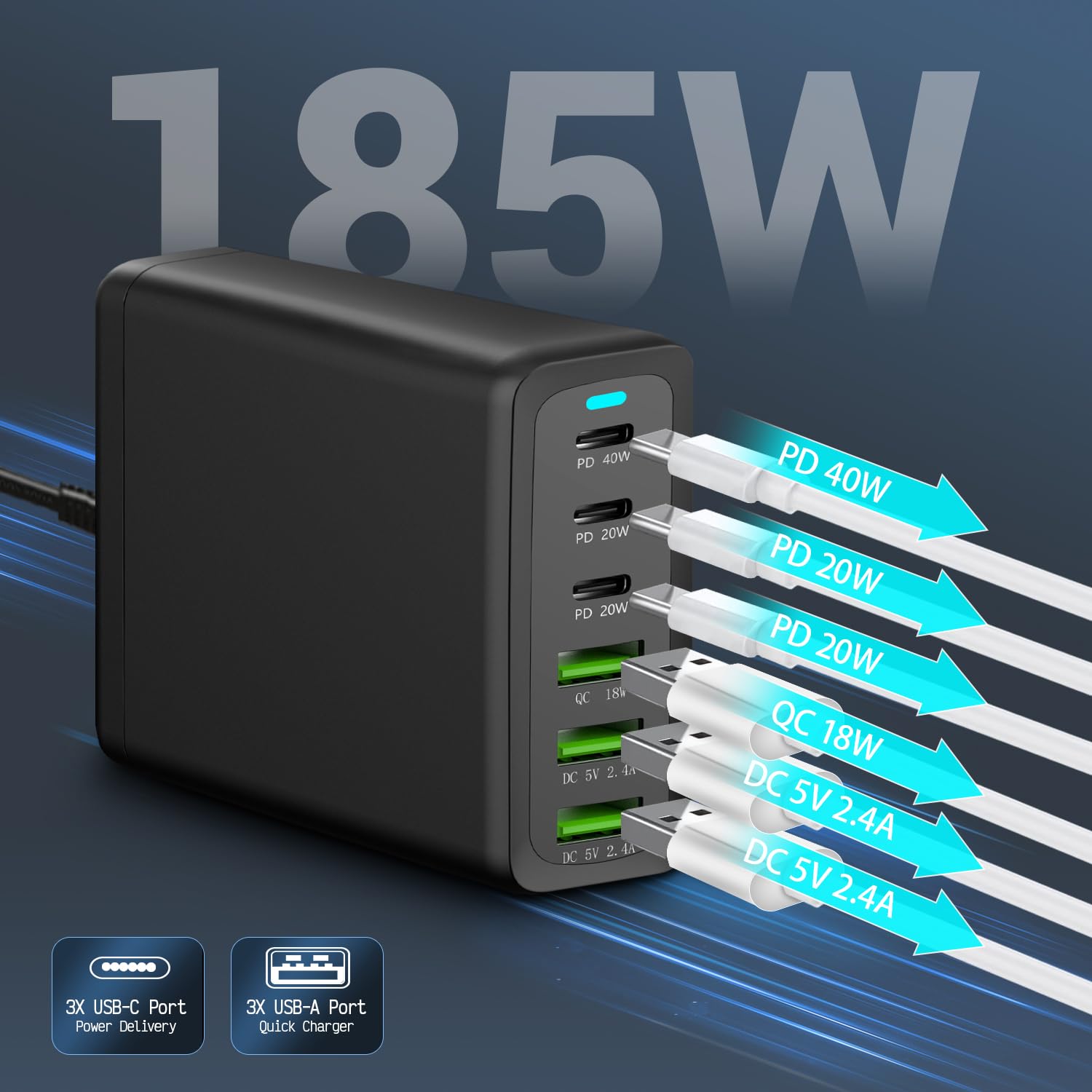 Bloque De Cargador USB C 185W 6 Puertos USB C Estación De Carga GaN Con 3 USB C Y 3 USB A PD Cargador De Pared Rápido USB C Para MacBook