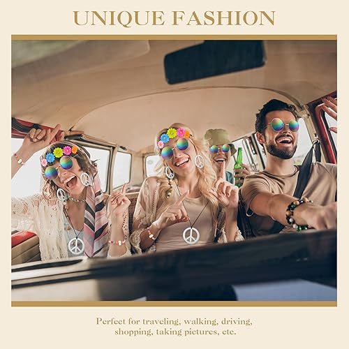 Miniatura 5 de Batiyeer Juego de 6 accesorios de disfraz hippie bohemio, símbolo de la paz, margarita, flor de los años 60 y 70, decoración para fiestas geniales