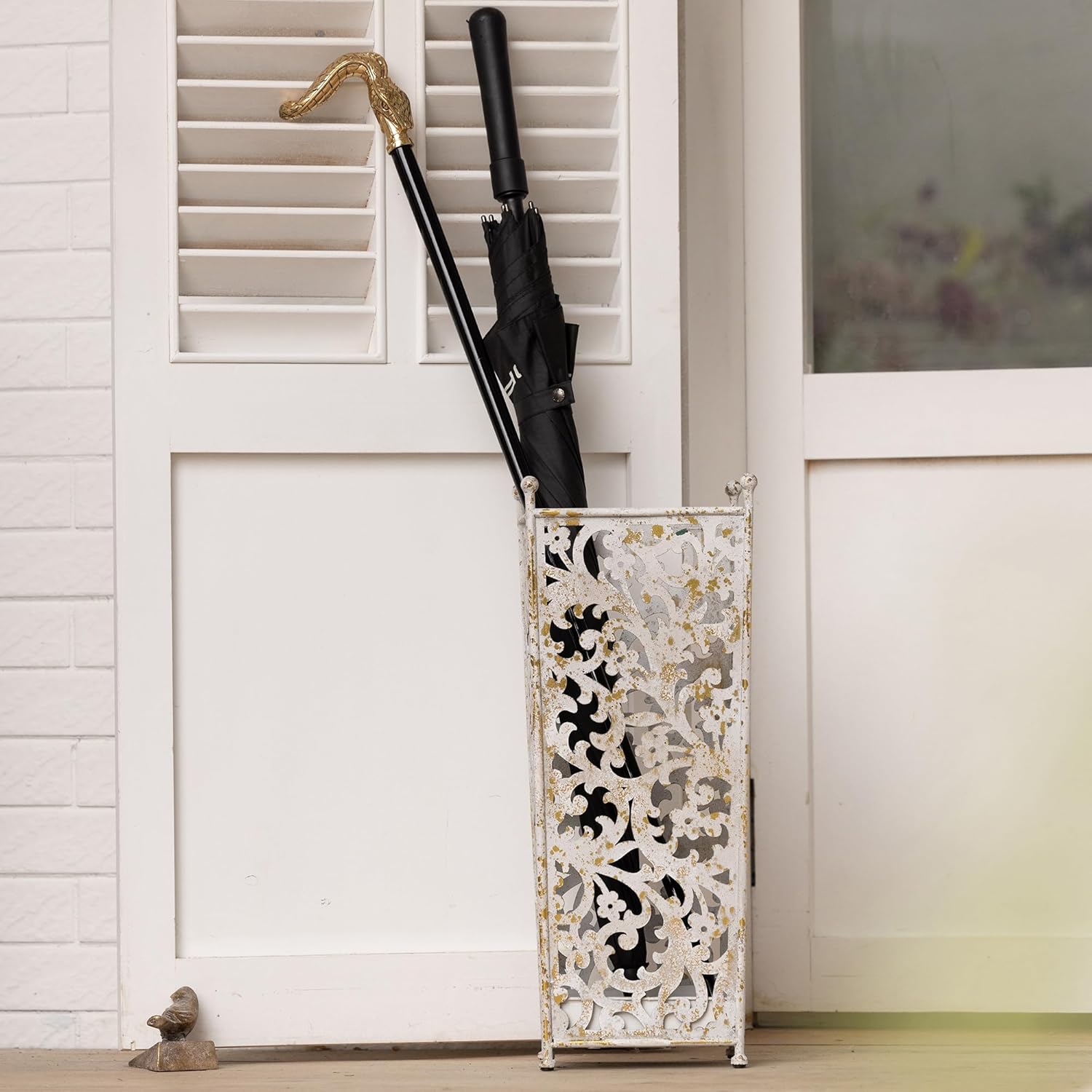 Vintage Metal Distressed White Umbrella Holder 20"H Square Umbrella Stands with Removable Drip Tray Entryway Organizer Bucket for Foyer/Porch - Holds Multiple Umbrellas, Walking Sticks & Canes