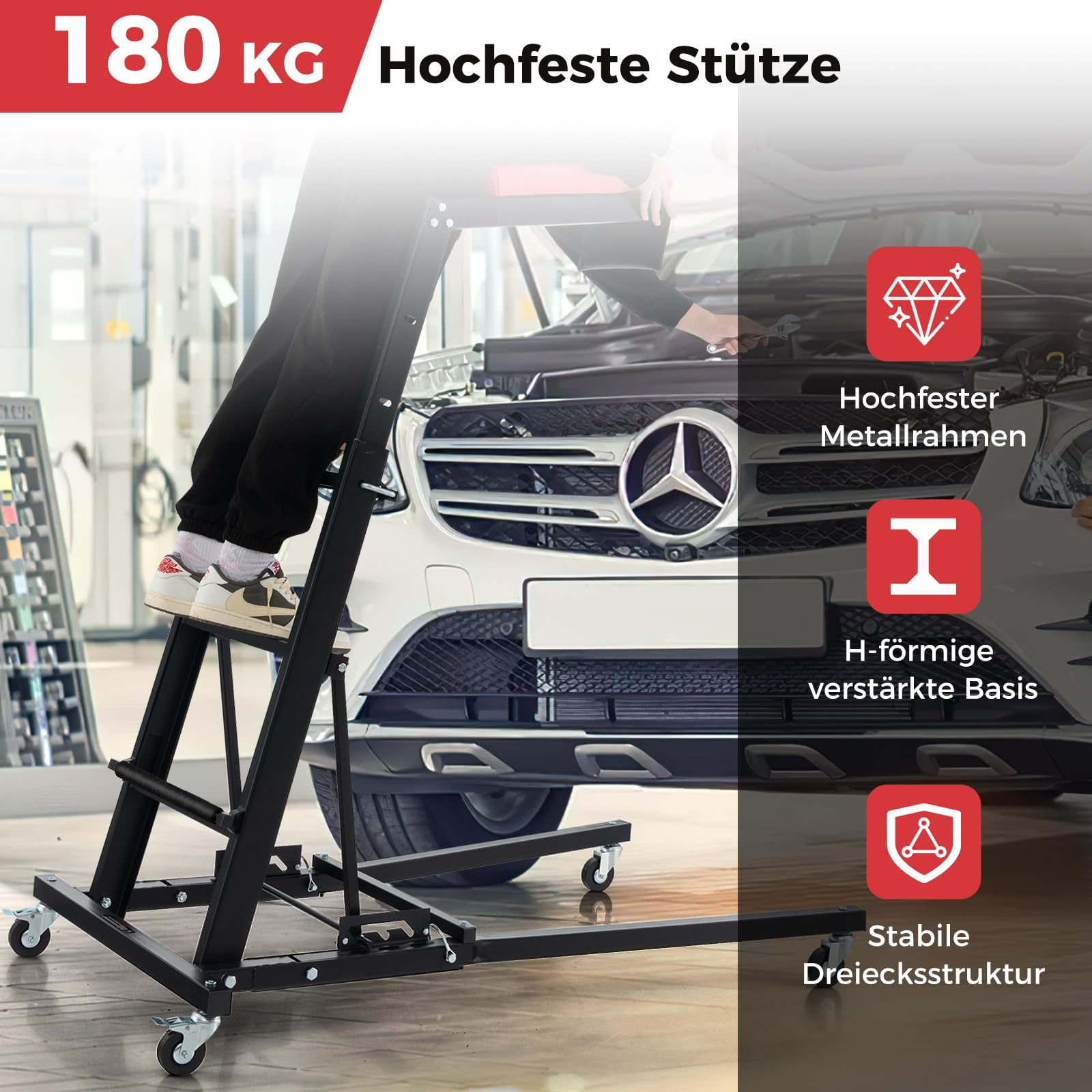COSTWAY Werkstatthocker mit Leiter 114,5-168 cm Höhenverstellbar, 4 Stufenleiter mit Werkzeugplattform & Rollen, Werkstatt Montagerollbrett Montagerollleiter, Topside Creepers für LKW & SUV