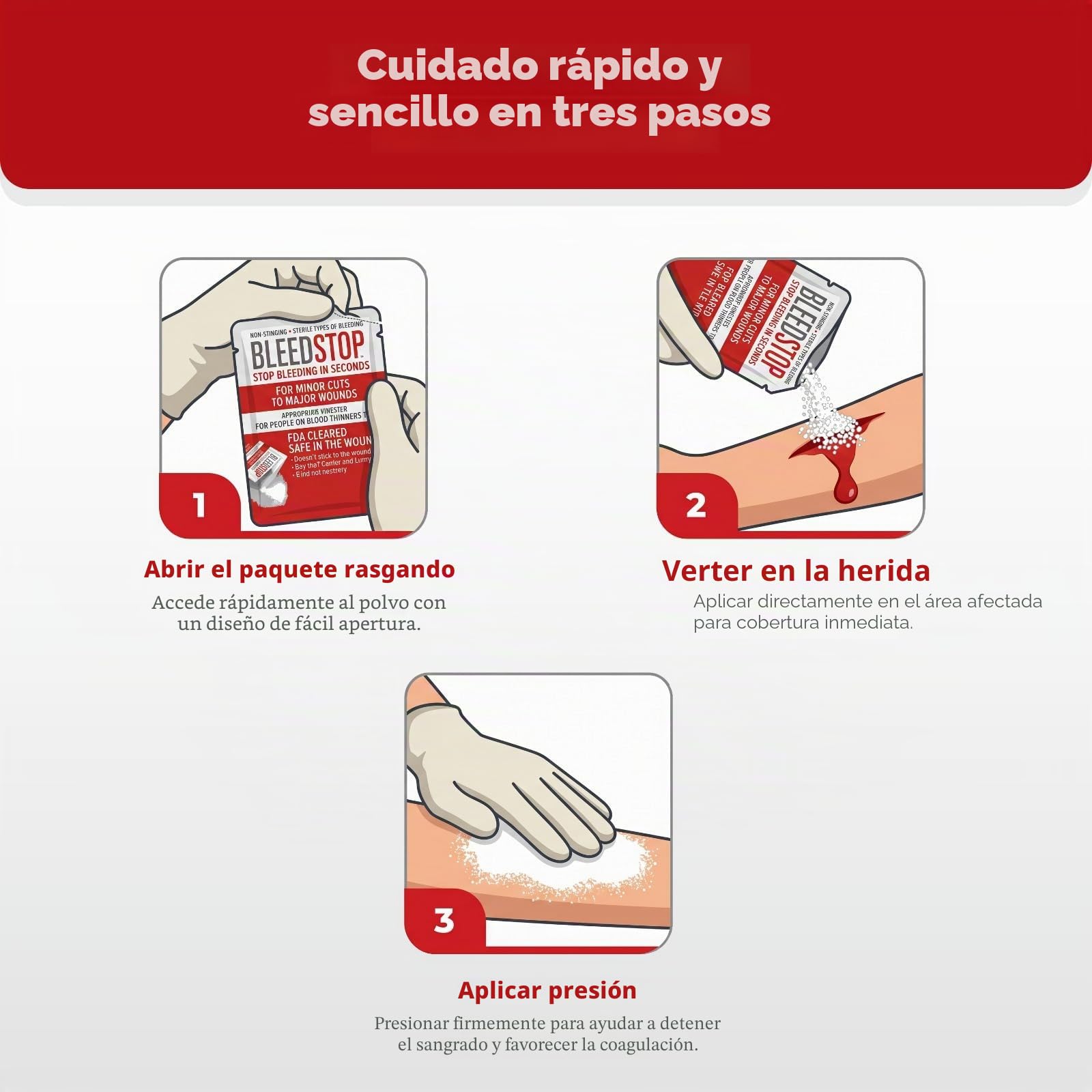 BleedStop Polvo de primeros auxilios para coagulación de la sangre, kit de traumatología para pacientes con anticoagulación, equipo de seguridad para camping y supervivencia, para heridas