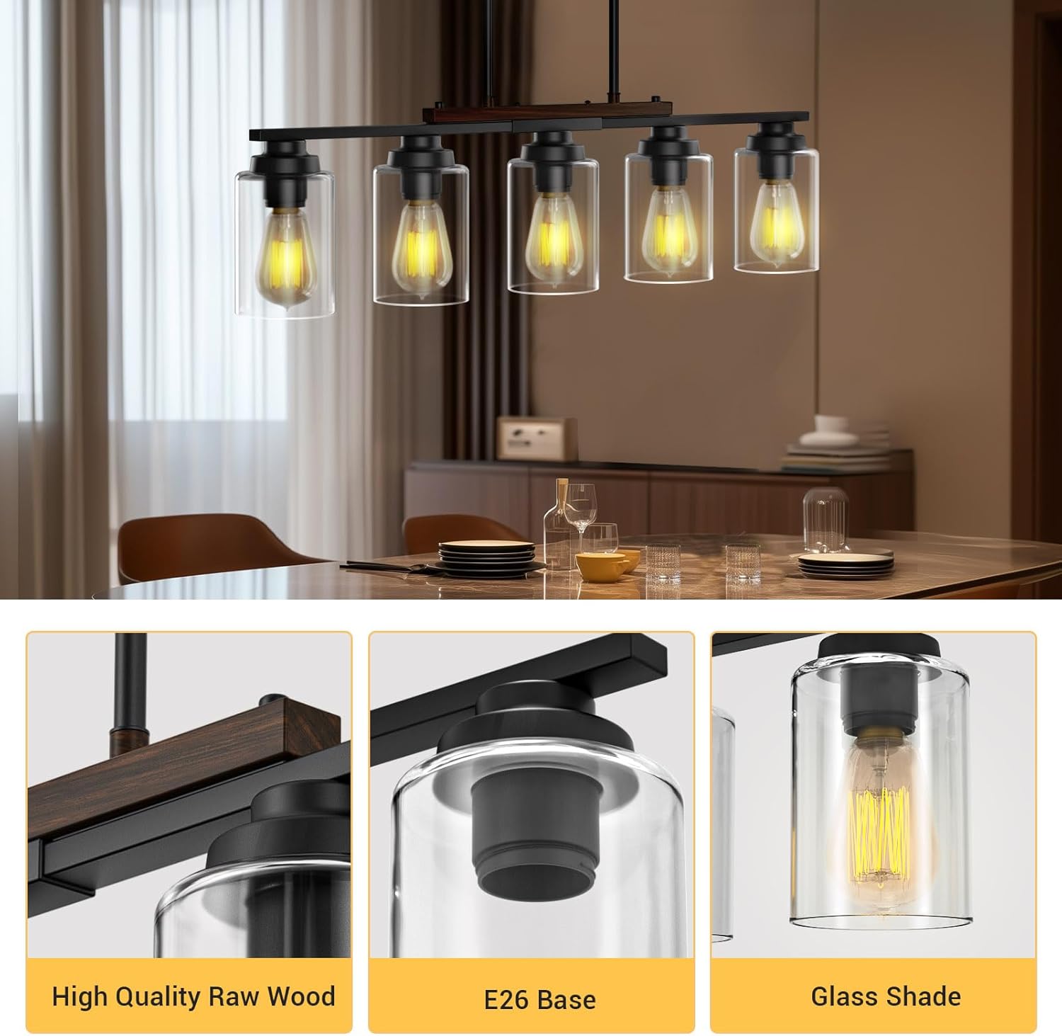 Dining Room Light Fixture, 5-Light Kitchen Island Lighting Modern Farmhouse Chandelier Over Table, Black Rustic Wood Ceiling Pendant Lights Kitchen Island with Clear Glass Shade & Adjustable Height