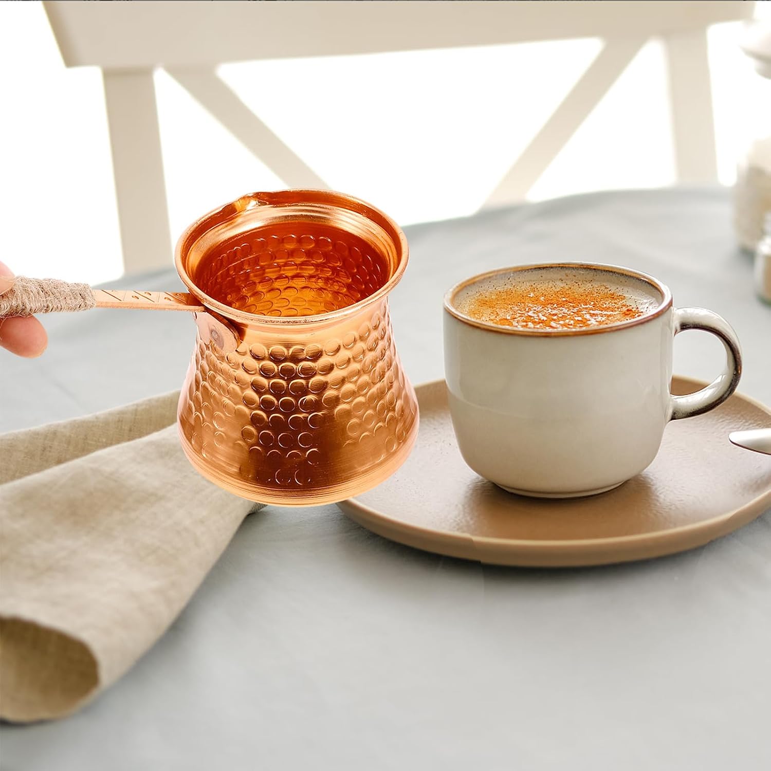 Housoutil Turkish Coffee Pot and Jute Rope Handle with Aluminum Copper Plated Body 300ml Multi-function Beverage Kettle for Boiling Hot Soup and Coffee