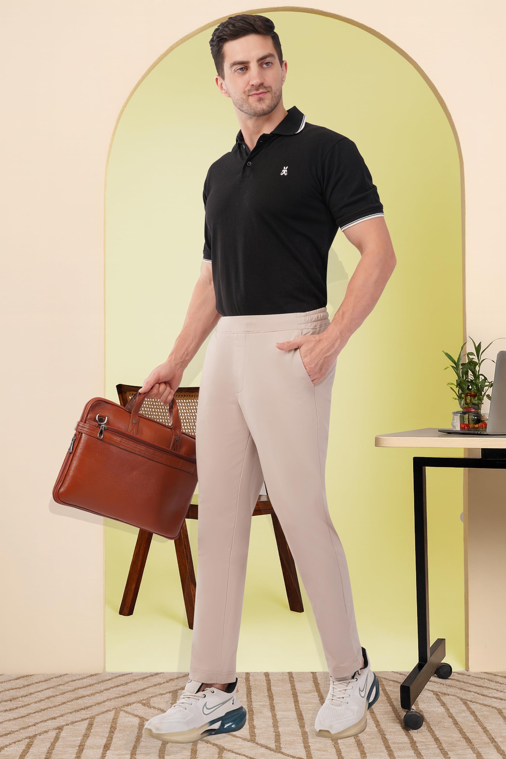 SaintX Men's 4-Way Stretchable Athleisure Pants | Sweat Wicking Fabric | Slim Fit | Sports, Travel, Lounge & Casual Wear | Stylish Back Zipper Pocket | Available in Plus Size (ST06_Cream_L) 2