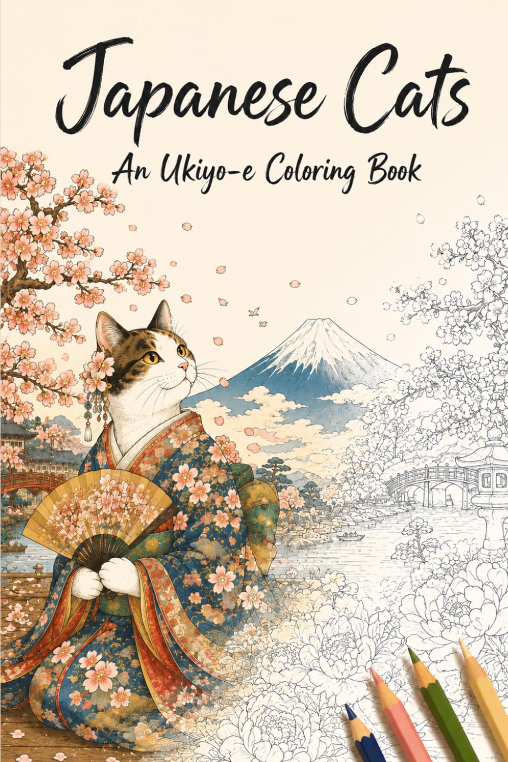 Japanese Cats: A Coloring Book of Cats in Kimono, Ukiyo-e Woodblock Scenes, Cherry Blossoms and Edo Japan for Adults