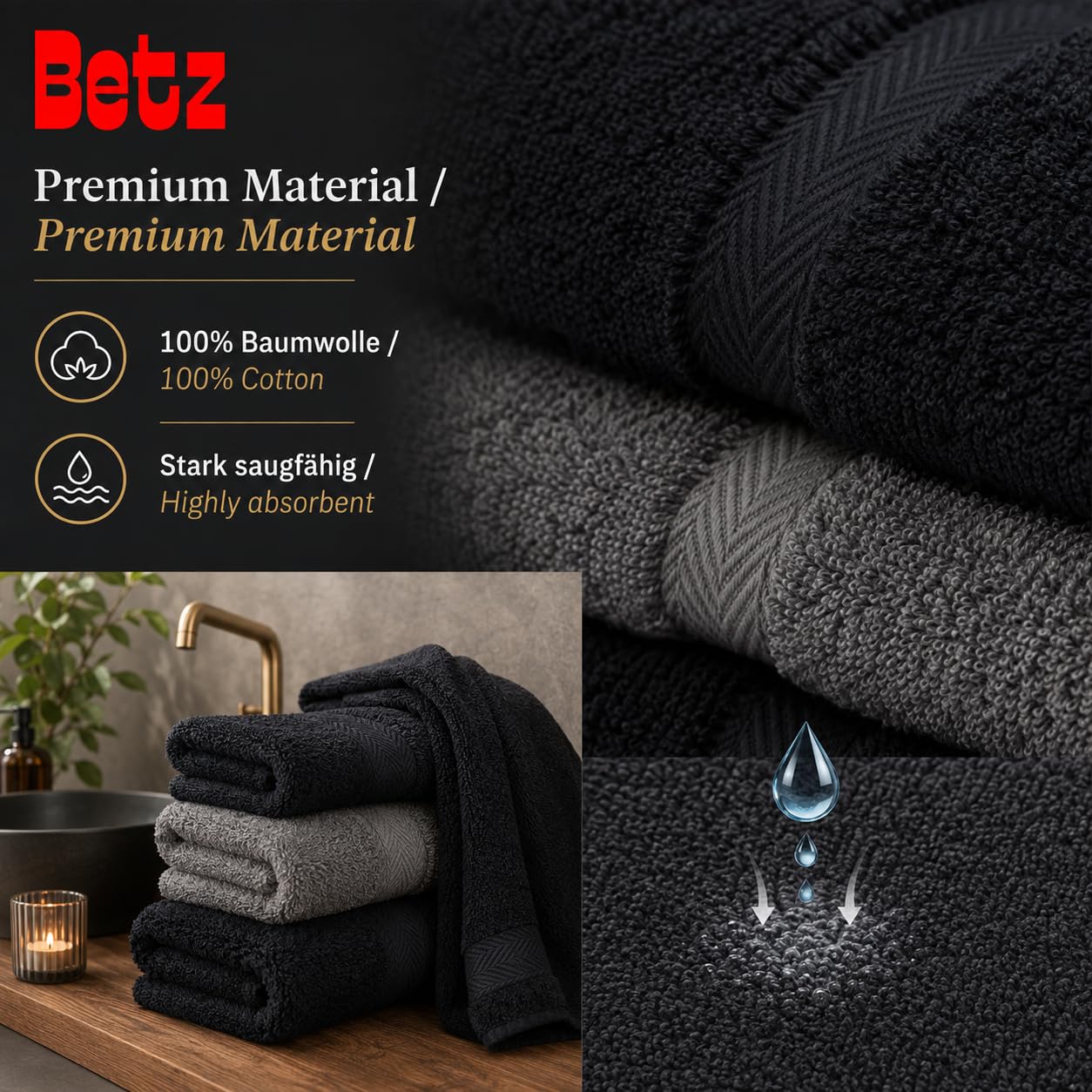 Betz 10-częściowy zestaw ręczników premium 100% bawełna 2 ręczniki pod prysznic 4 ręczniki do rąk 2 ręczniki dla gości 2 rękawice do mycia kolor antracytowy szary i czarny