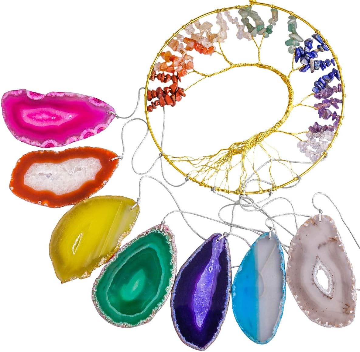 Nupuyai Colorful Agate Slice Wind Chimes, 7 Chakra Stone Healing Crystal Tree of Life Hanging Ornaments for Home Window Garden Decoration