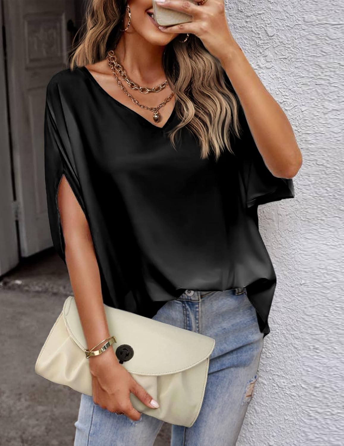 HOTOUCH Womens Business Casual Tops Satin Silk Dressy Blouses V Neck Formal Tops Batwing Half Sleeve Summer Shirt S-XXL - Image 3