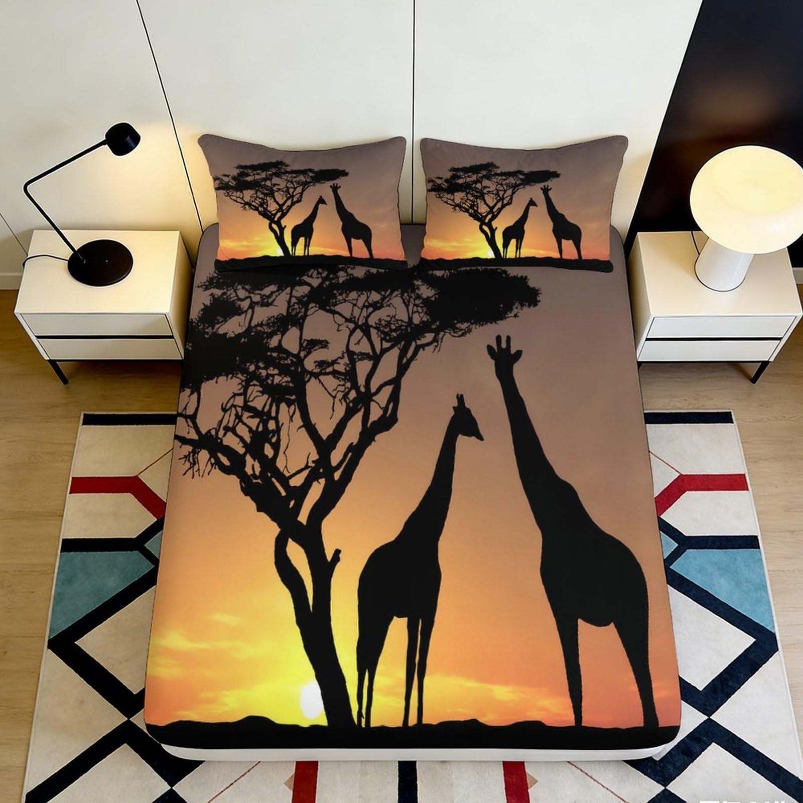 3D Printed African Sunset Giraffe Fitted Sheet Microfiber Soft Breathable Savanna Bed Cover for Bedroom Dorm Decor 90x200x25cm