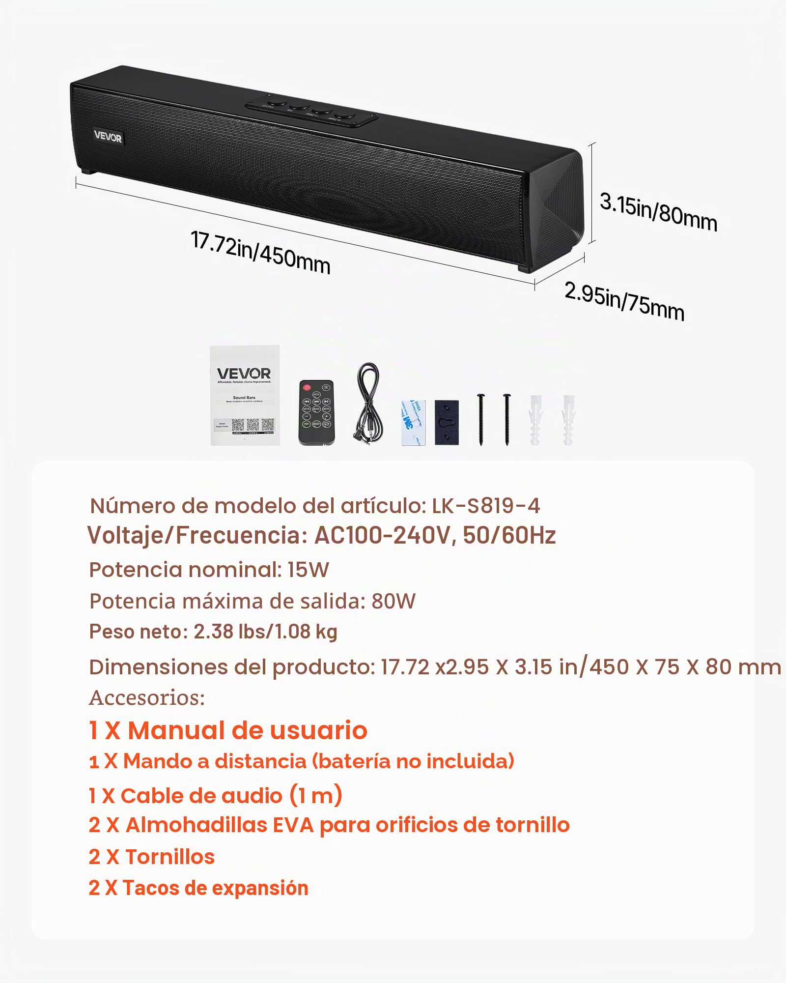 VEVOR Barra de Sonido para Smart TV, 2.0 Canales, Altavoces Compactos de 450 mm para Proyector, Puerto Auxiliar Bluetooth, Control Remoto, Sistema de Sonido Envolvente 80 W para Cine en Casa y PC