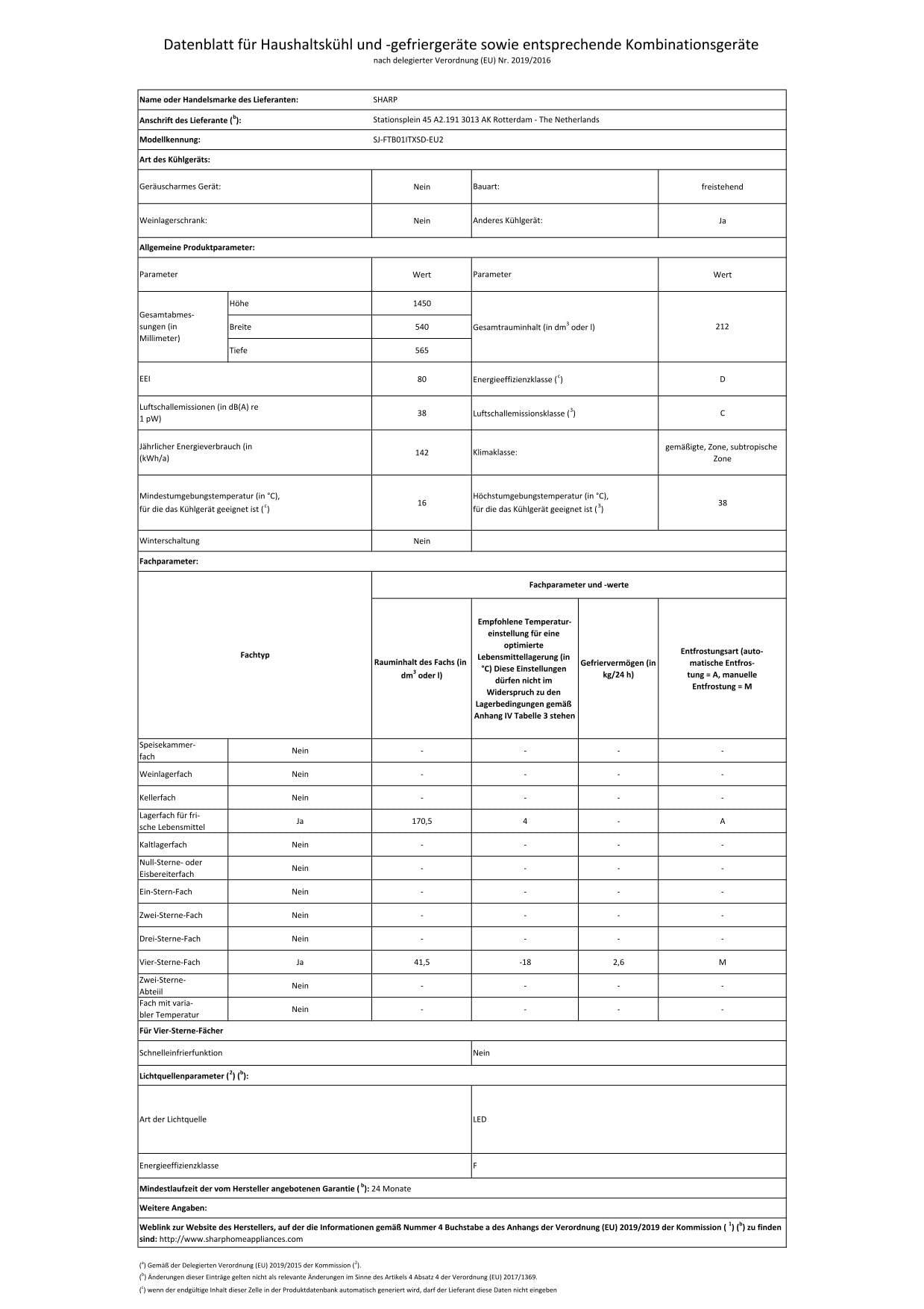 SHARP Réfrigérateur/Congélateur SJ-FTB01ITXSD-EU2 / Largeur 54 cm/Volume 213 l dont 42 l dans le congélateur / 39 dB/Système de refroidissement NanoFrost/Éclairage intérieur LED/Commande