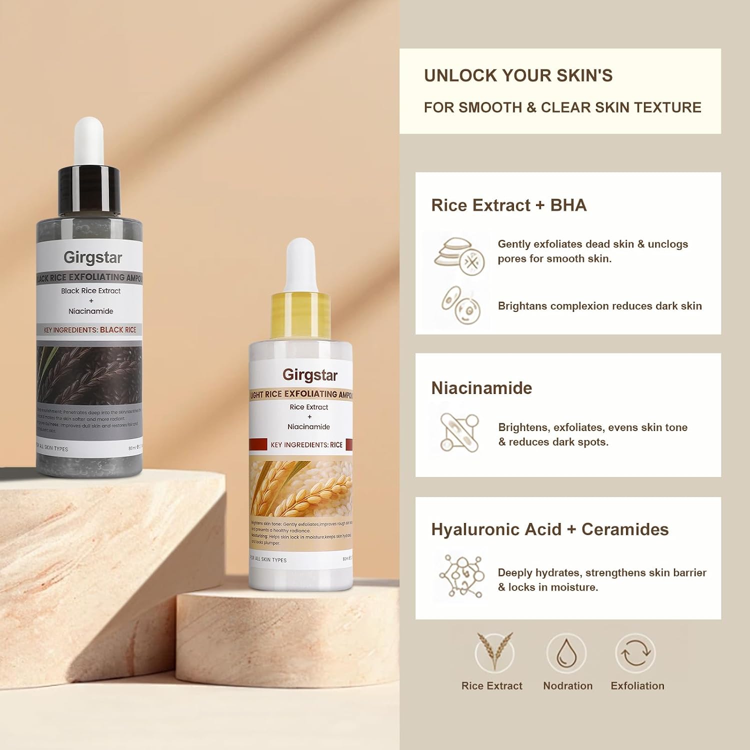 Black and White Rice Peeling Ampoule, Peel Shot Glow Rice Ampoule Duo, Black & White Rice Exfoliant, Dead Skin Remover for Face & Body, Moisturizing & Pore Minimizer for All Skin Types
