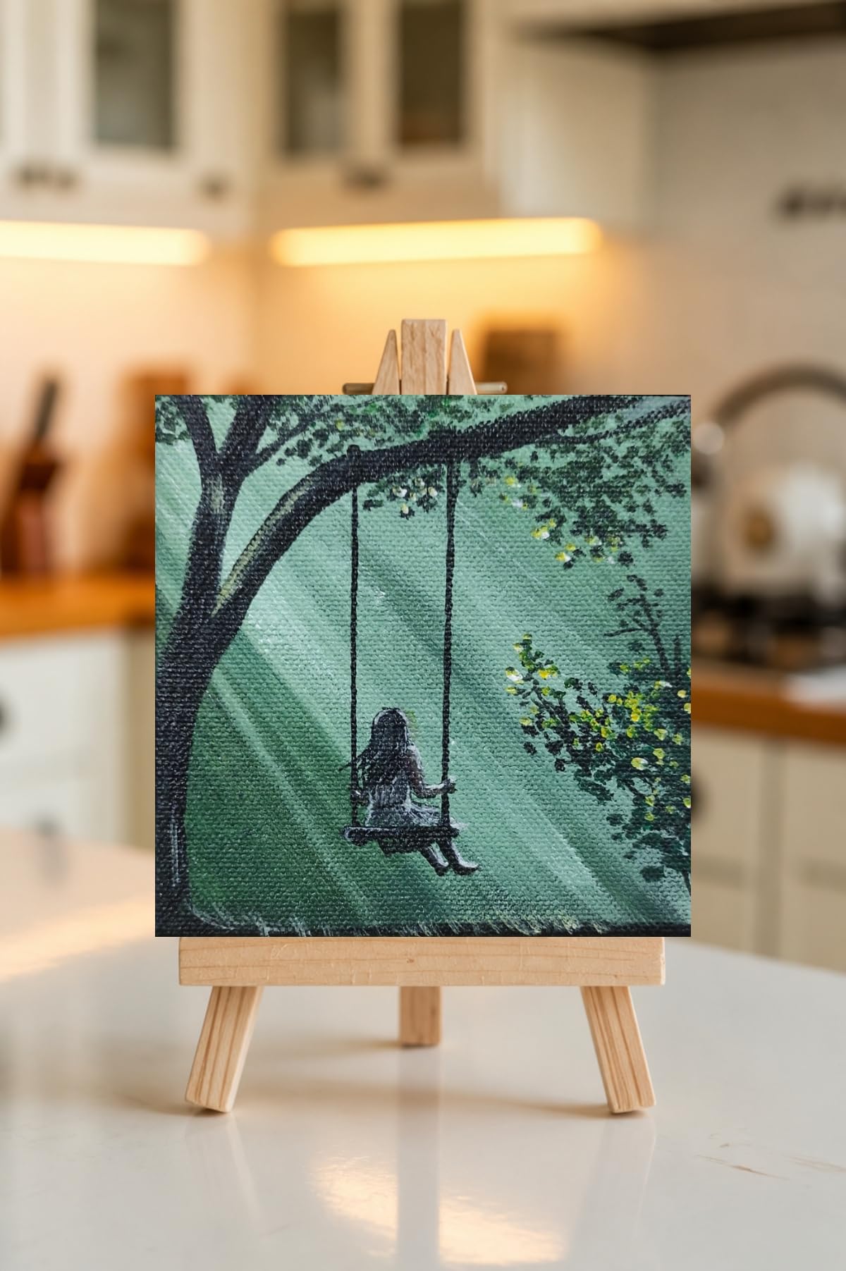 Mini Acrylic Painting of girl and moon with Wooden Easel Stand, 4x4 Inch | Tree and moon , Canvas Painting, Tabletop Display, girl painting , Hand Painted-picture-36