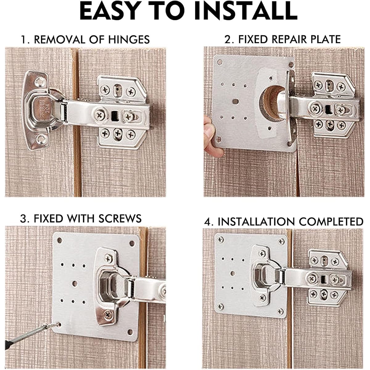 Stainless Steel Cabinet Hinge Repair Plate Kit with Mounting Screws Repair Board for Kitchen Cabinet, Cupboard Door, Wardrobe & Furniture Hinge Fixing Plate (4 Pieces) — Amazon image 5