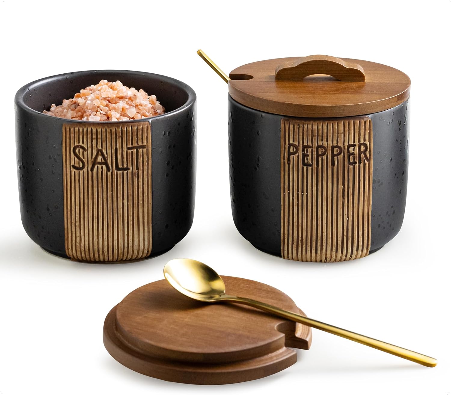 YHOJOY Salt and Pepper Bowl, Ceramic Salt Containers for Countertop, Salt and Pepper Cellar with Lid and Spoons, Modern Salt and Pepper Set