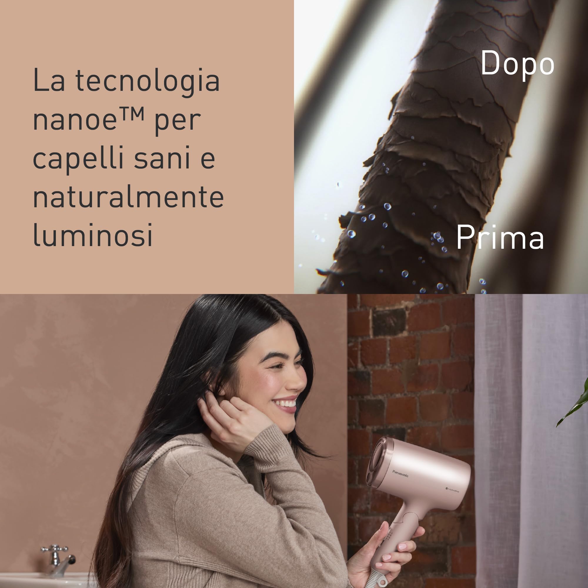 Panasonic EH-NA7M-P825 Asciugacapelli Nanoe per Capelli Lucenti, Pieghevole, Asciugatura Rapida, Beccuccio Concentratore, 1600W, Rosa Chiaro