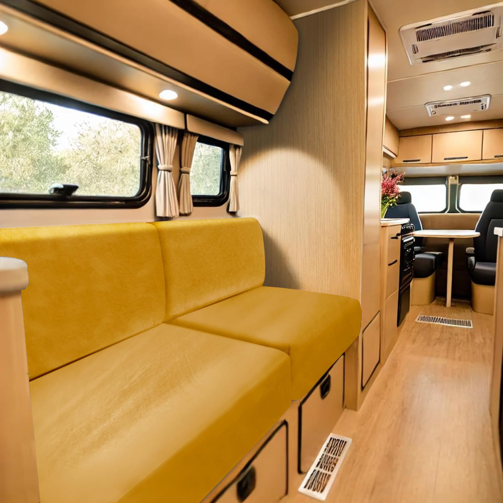 SYLC Stretch Caravan Seat Covers, Non-slip Motorhome Seat Covers for Lounge with 2 Straps, Velvet Sofa Cushion Covers for Couch Camper Bench (yellow,Square M) โ image 1