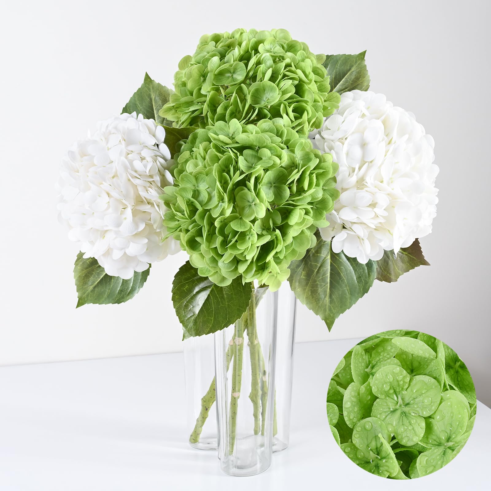 Artflower4Pcs Real Touch Hydrangea Artificial Flowers, 22.5'' White & Green Faux Full Latex Hydrangea Flowers for Home Decor Floral Arrangements Wedding Bouquets Table Centerpiece Decorations