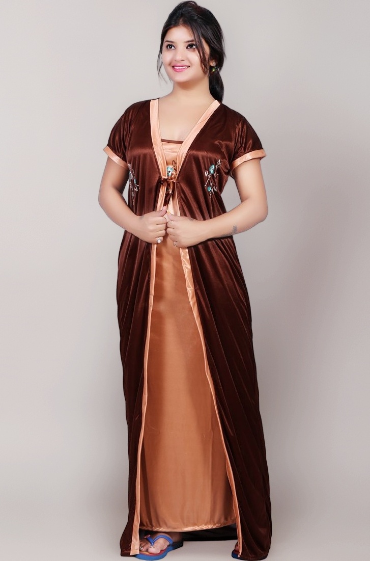 Women's Embroiderd Ankle Length Satin Slip & Robe Maxi Night Gown (BAILEY0151_Brown_Free Size)