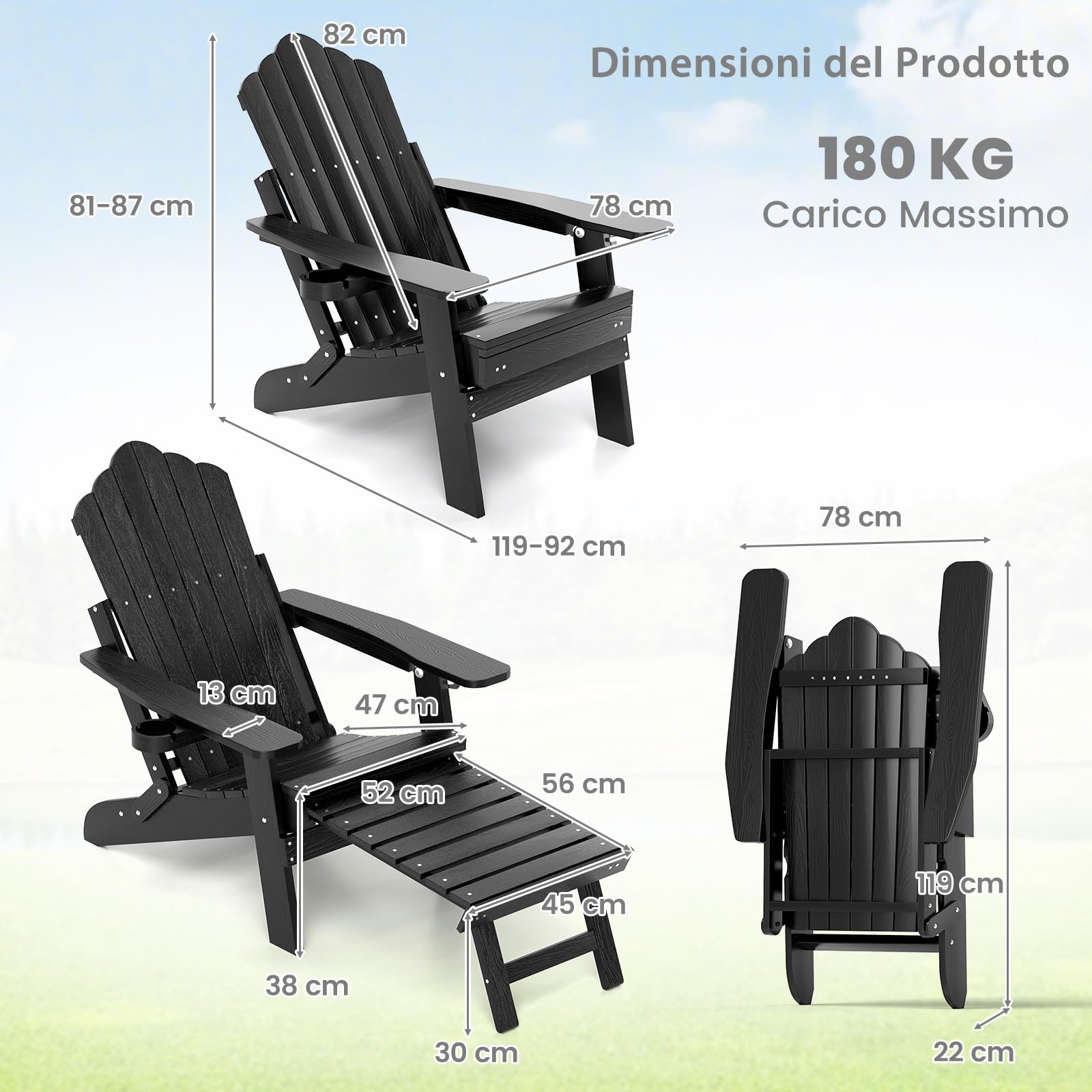RELAX4LIFE Sedia Adirondack Esterno Pieghevole Schienale Regolabile Poggiapiedi Retrattile Portabicchiere